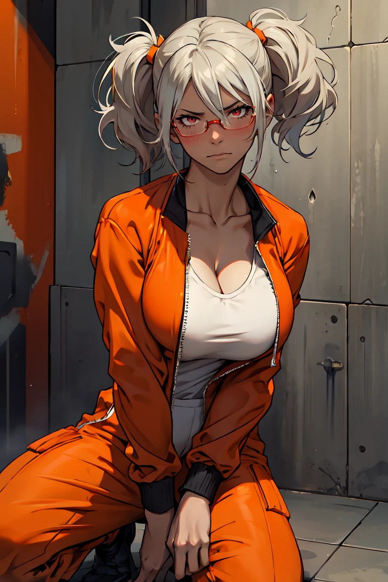 1  woman , One, The corner from the front , (((D-class prisoner, Orange jumpsuit, wet t-shirt,  short shorts , bob haircut, 's chest is kneeling, character portrait,  High definition, detailed texture,  realistic shadow , Orange jumpsuitを着たprisoner:1.5, Gloomy performance, Scarred face, rough skin,  The atmosphere is cold , Dark cage, Realistic shadow, intensive, Expressive, Dramatic, masterpiece:1.0))), (((Orange jumpsuitの下は裸:1.5))), ((Has nameplate)), ((Huge  breast that hang heavy:1.5)), cleavage, Huge nipples covered, camellia, musashi_kantaicollection, Dark-skinned_ woman , Dark_skin,  glasses , long_hair, hair_between_eyes,  breast, big_ breast, white_hair, twintails,  brown _eyes, red_eyes,  red , Semi-rimless_eyewear, black_nails, [grey_hair, anger:1.1, Displeased look:1.1, Orange jumpsuitを着たprisoner, With labels "D-Class" Clearly displayed on chest, Confidently poses for portrait. 鮮明な画像が High definitionでレンダリングされます, 精巧に描かれた質感と realistic shadow . prisoner