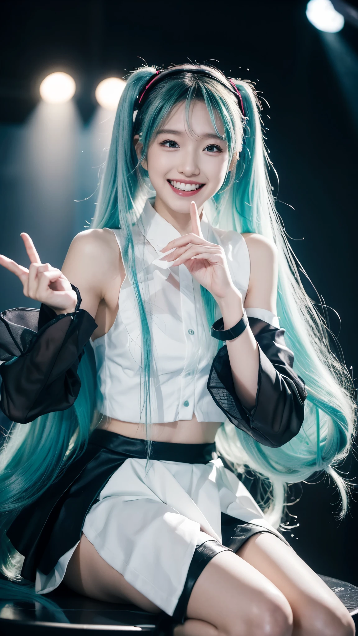  one girl, Alone, woman ,  table top in front of you, beautiful hanteeths,  Hatsune Miku ,  white shirt, (  black skirt  :1.3),  blue tie, bare shoulteethers, teethetacheteeth sleeves, 
break
:teeth,  happy , smile,  show viewers, ✌️,(:1.5), Squat,
break
stage lights,