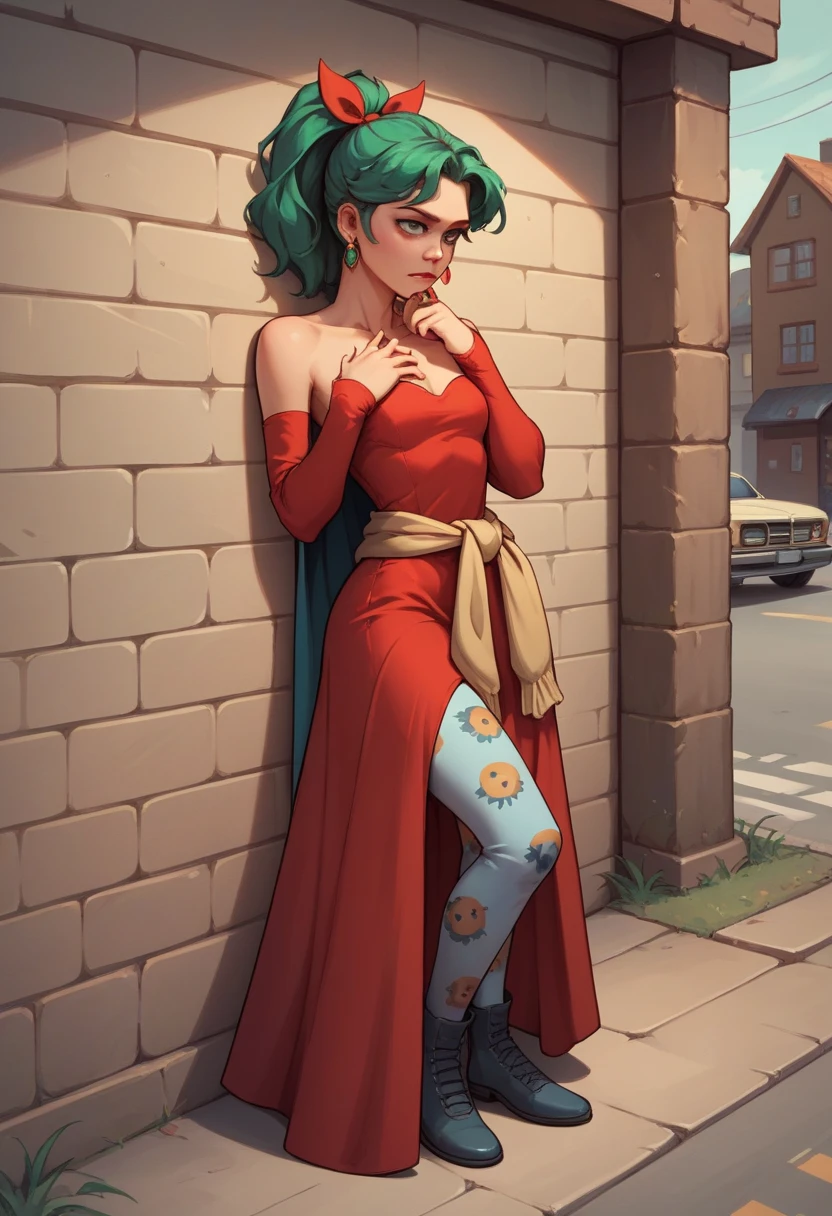 score_9, score_8_up, score_7_up, score_6_up, score_5_up, score_4_up, BREAK  solo,  contrapposto,  hand on own chin, leaning against wall,  tina branford, green hair, ponytail, hair ribbon, earrings, cape, red dress, strapless, detached sleeves, clothes around waist, print legwear, town road,