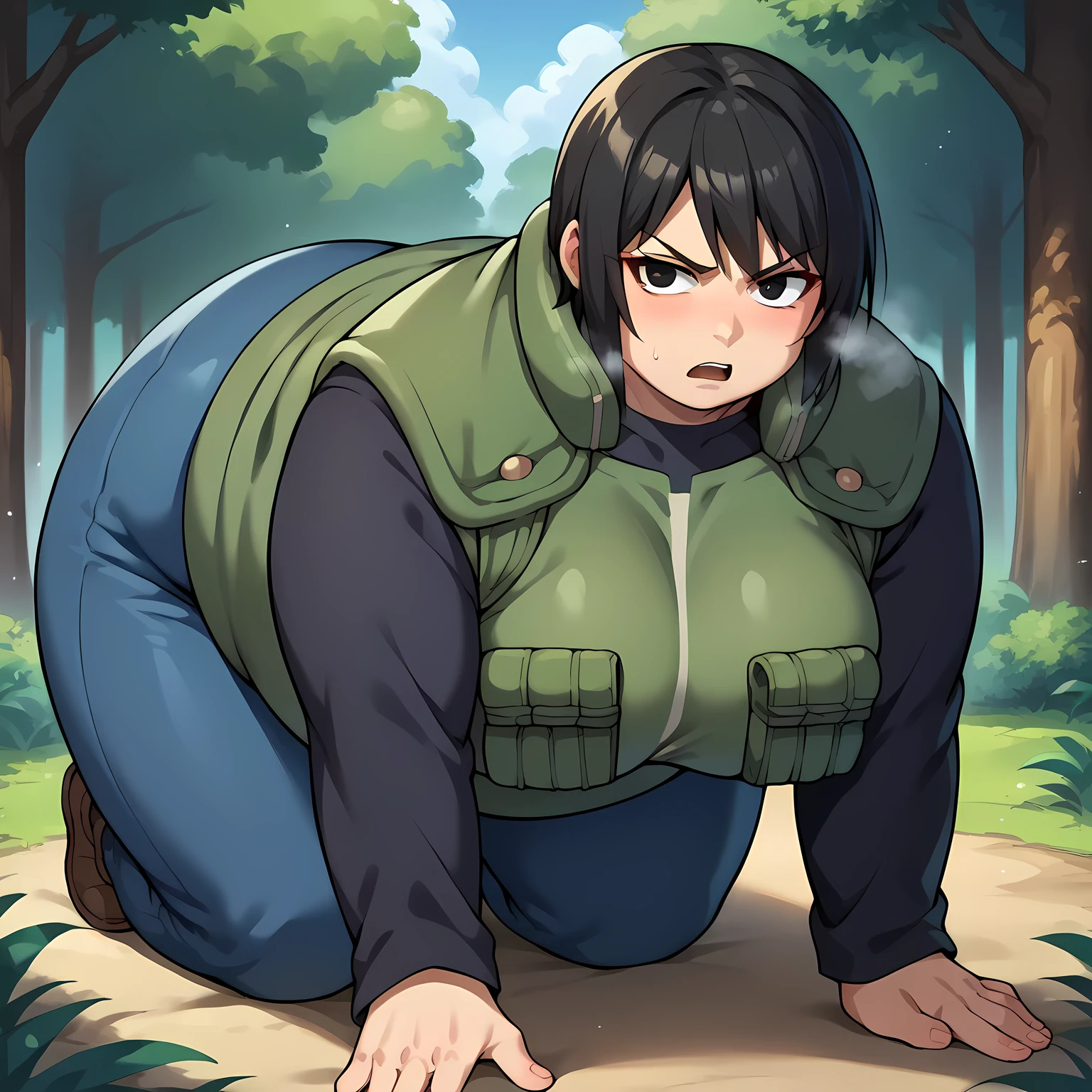 score_9, score_8_up, score_7_up, score_6_up, source_anime BREAK 1girl, solo, shizune, black hair, black eyes, vest, black sleeves, long sleeves, pants, (big breasts:0.6), all on fours, serious, from behind, forest fat, chubby, obese, gigantic arms and legs, large breasts open mouth, out of breath, huge ass