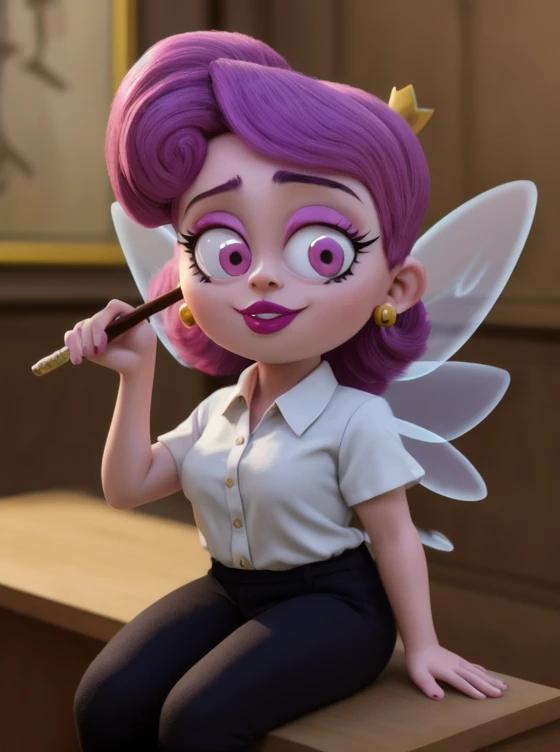 wanda, pink hair, 1girl, pink eyes, , wand, lipstick, earrings,, purple hair, wandaodd, floating, fairy, white office shirt, black pants 8midget, BREAK, 8k, hi res, 40mm lens, (Best quality, masterpiece:1.2)