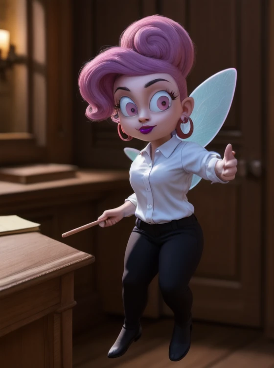 wanda, pink hair, 1girl, pink eyes, , wand, lipstick, earrings,, purple hair, wandaodd, floating, fairy, white office shirt, black pants 8midget, BREAK, 8k, hi res, 40mm lens, (Best quality, masterpiece:1.2)