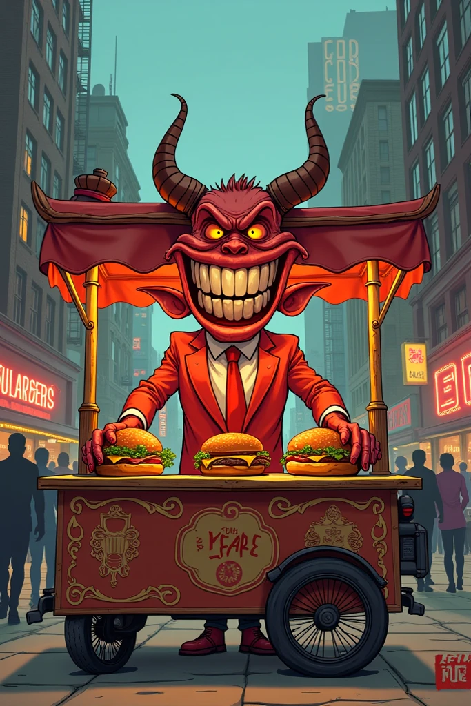 Create imaginative and amazing images demonstrating the style of ((Miscellaneous Academia)), hyper realistic, 8k, vibrant colors, sharp crisp image an illustration of a traditional market guarded by a monstrous demon with a giant body wearing a trilby hat.