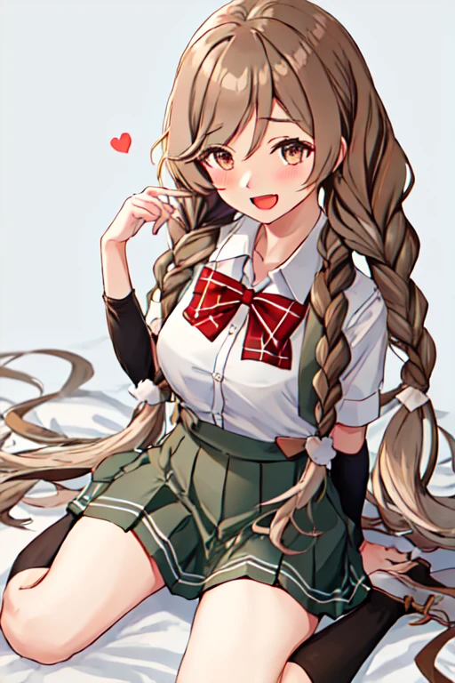  best quality,   Masterpiece ,  high definition , Alone, {Drowsiness_kantaicollection:1.15}, length_hair, twin_ woven s,  woven , light_brown_hair, red_eye, chest, brown_eye,  gradation_hair, multicolored_hair, , open_mouth, bow, bowtie, red_bow, smile, red_bowtie, big_chest,  1 girl, :d, 前hair, collared_ shirt, head_,  watching _in_ viewer, Check pattern,  shirt, short_sleeve, Interrupts, white_ shirt, arm_warmers, brown_hair, hair_between_eye, Check pattern_bow, pleined_ skirt,  skirt, Interrupt_ skirt, twintails, very_length_hair, green_ skirt, gray_ skirt, hand_up, heart, own_hand_together, handのひら_together, ふくらんinいる_short_sleeve, Untie the ribbon