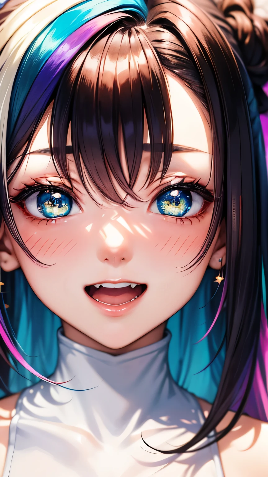  1 girl,  high definition ,  blurred background , masterpiece, accurate,  colorful hair that warms,  gradient color hairstyle,  Rainbow Hair ,  colorful eyes,  Gradation Colored Eyes, Front blur,  Zoom Layers ,  character design, Aperture F1.2,  Bright Eyes , Cream on the face, Stars in my eyes,  open your mouth wide ,スプーンでパフェを食べる,Cafe,excited,  big sparkling eyes,  glitter effect, 