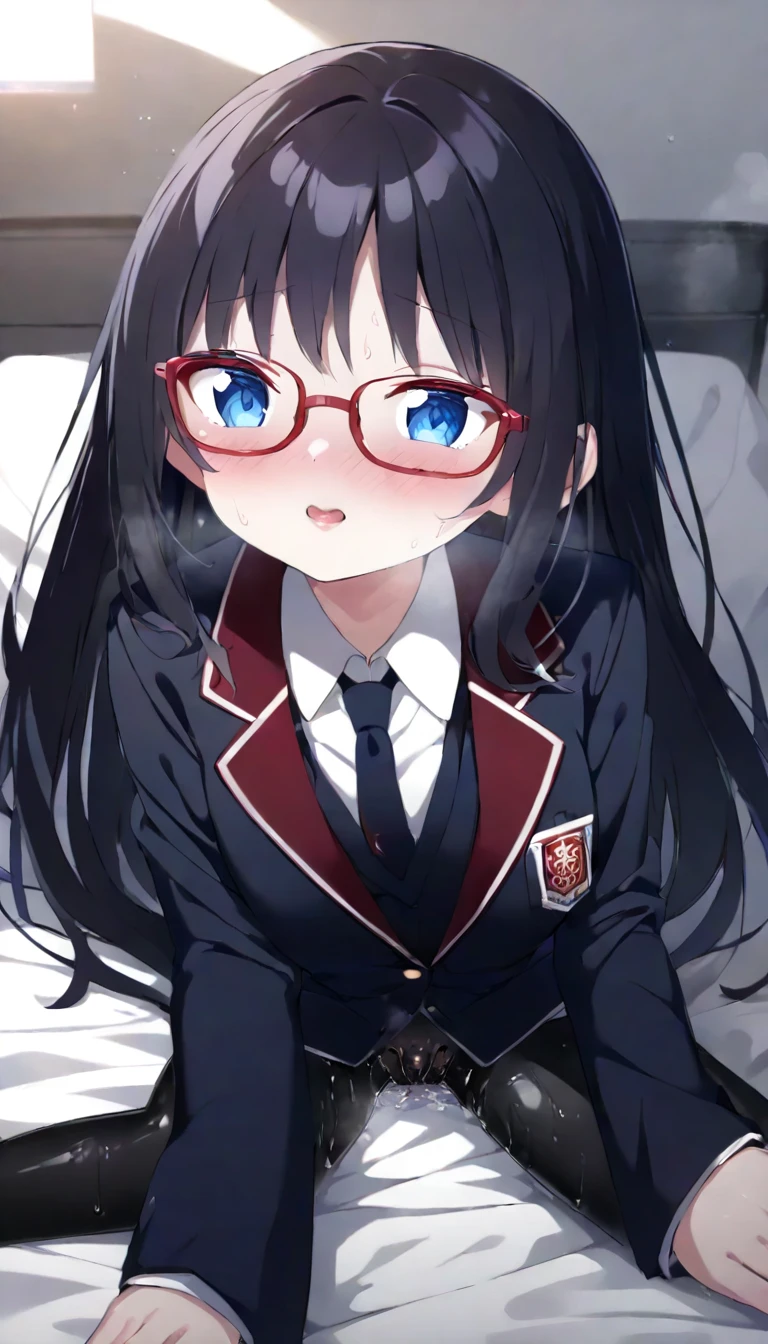 NSFW uncensored partial ban super high image quality, one girl, school blazer, uniform chairman, purplish black hair, long hair, blue eyes, beautiful baby face, red slender, small square glasses, shiny skin, pussy, pussy,  on clothes,  after sex