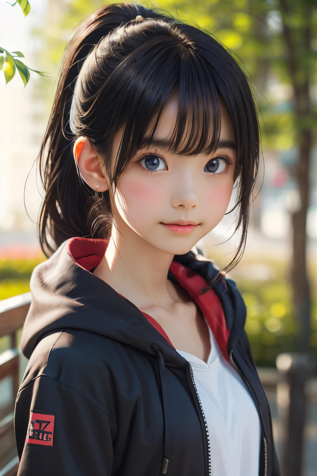 waggy dog,trees
prompt: a black hair girl wearing a hoodie and fingerless gloves, her hair is in ponytail, ager, waggy dog, trees, oil painting, detailed eyes and lips, best quality, realistic, vivid colors, portraits, warm color tones, soft lighting