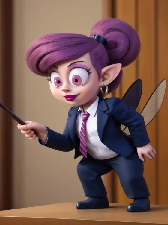 wanda, pink hair, 1girl, pink eyes, , wand, lipstick, earrings,, purple hair, wandaodd, floating, fairy, white office shirt, red tie, navy blue blazer and gray pants 8midget, BREAK, 8k, hi res, 40mm lens, (Best quality, masterpiece:1.2)