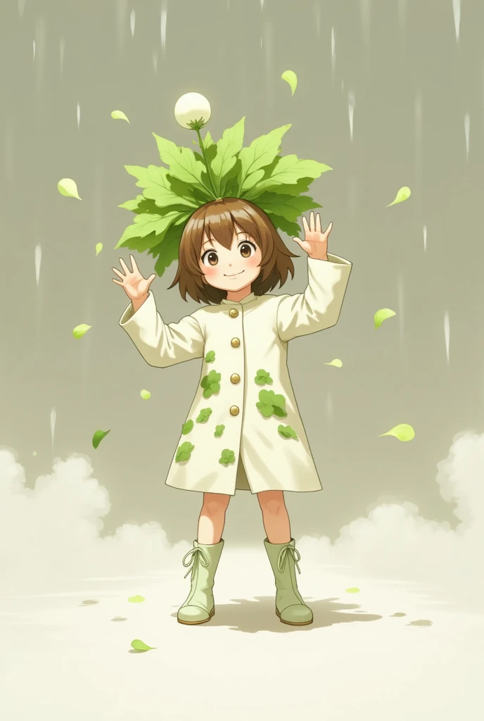 Transformation heroine anime  、  scene where one girl becomes a magical girl with the help of a daikon fairy、  smaller,  fine white petals falling like heavy rain  、  clothes designed with green leaves on white coat  、 light green leather boots  、  waving vigorously with both hands 、  Dynamic Posing  、 confident smile 、  daikon missiles flying all over the screen 。