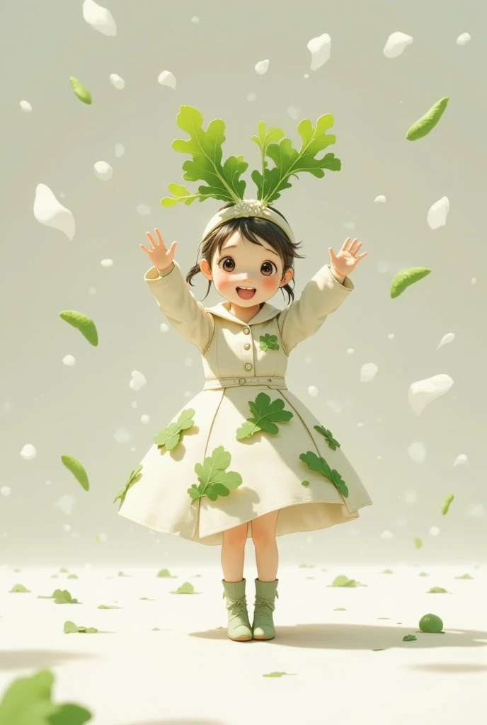 Transformation heroine anime  、  scene where one girl becomes a magical girl with the help of a daikon fairy、  smaller,  fine white petals falling like heavy rain  、  clothes designed with green leaves on white coat  、 light green leather boots  、  waving vigorously with both hands 、  Dynamic Posing  、 confident smile 、  daikon missiles flying all over the screen 。