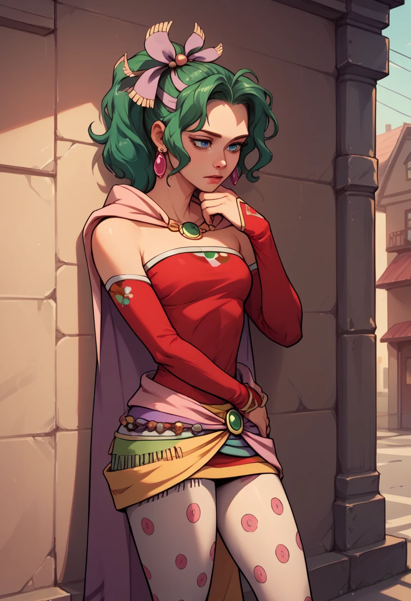 score_9, score_8_up, score_7_up, score_6_up, score_5_up, score_4_up, BREAK  solo,  contrapposto,  hand on own chin, leaning against wall,  tina branford, green hair, ponytail, hair ribbon, earrings, cape, red dress, strapless, detached sleeves, clothes around waist, print legwear, town road,