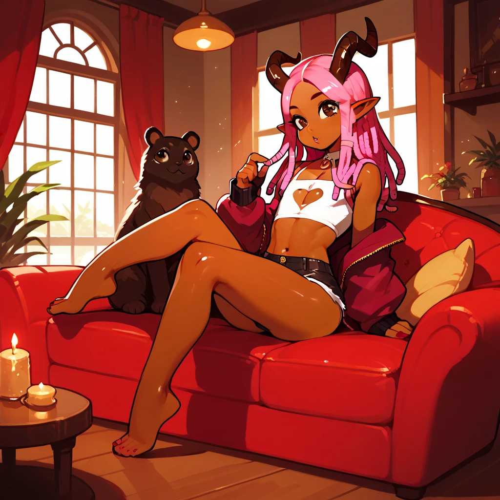 1boy, femboy, bimbo, brown skin, short black pointy horns, pointy elf ears, dark brown eyes, fantasy, pink hair, pink dreadlocks, sitting in luxury living room