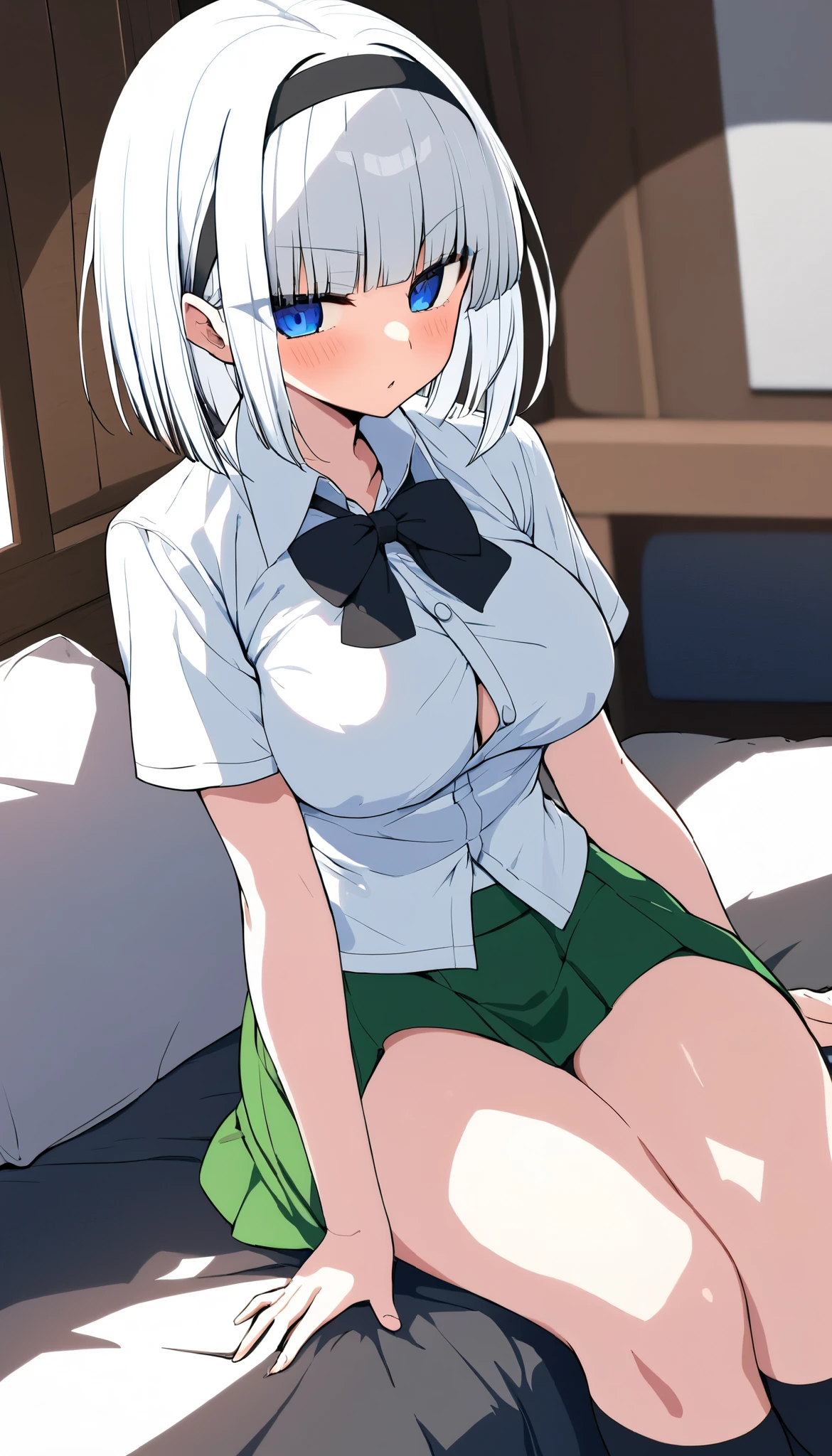 konpaku youmu, 1girl, white hair, short hair, blunt bangs, blue eyes, Completely naked, newest, highres, absurdres, highly detailed, best quality,
hairband, hair ribbon, black ribbon, black bowtie, white shirt, collared shirt, green vest, green skirt, socks, 
dim body, pointy breasts, curvy, no curves, narrow hips,
score_9, score_8_up, score_8,source_anime,