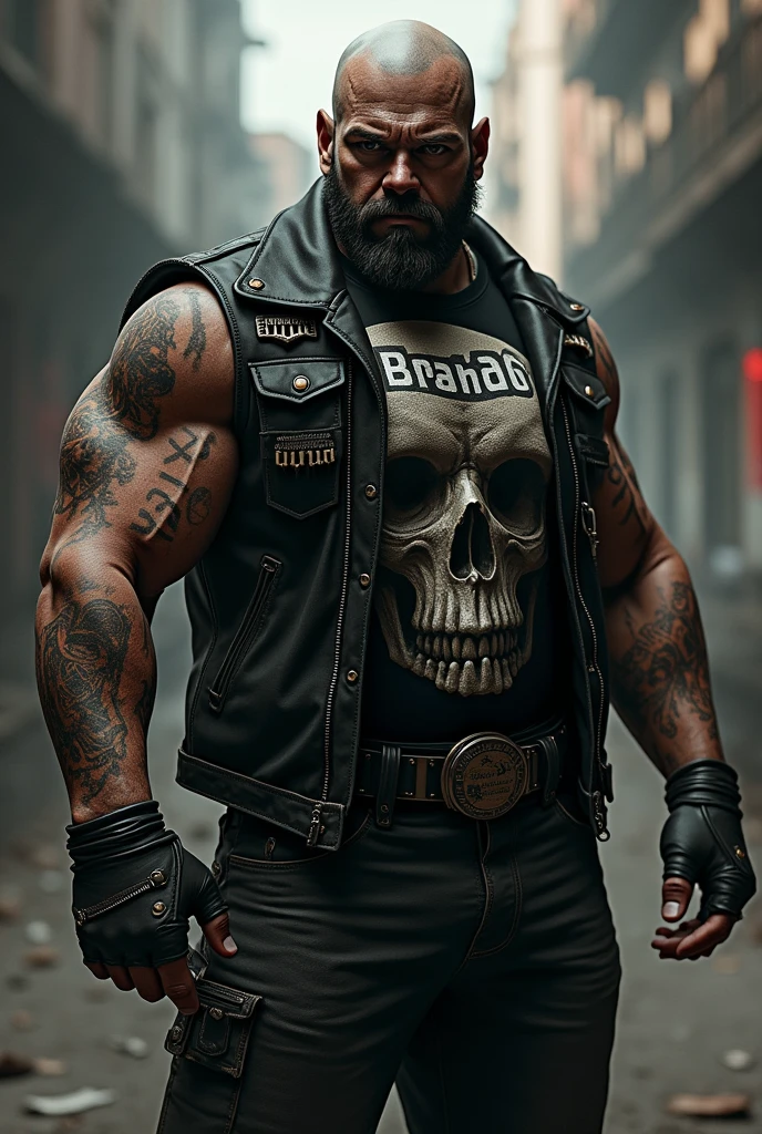 Bald man with beard and tattoos standing with arms crossed, imagem de um motociclista masculino, barba, com uma barba preta cheia, barba preta grossa, barba preta longa, barba preta, Foto de um ensaio promocional, Arms covered in gang tattoo