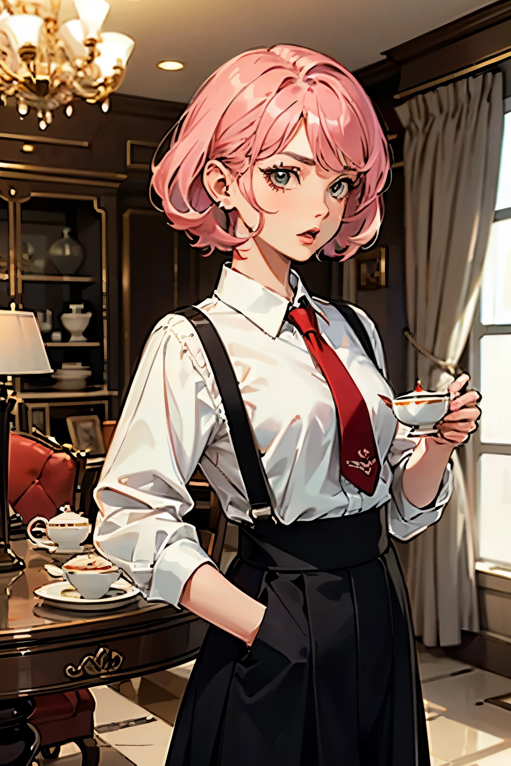 (highest quality:1.2), A girl with teacup is standing in a living room, There is a round table in front of her, and there is a afternoon tea set on the table. stern expression, surprised face, a photorealistic cute girl, beautiful face, suspicious face, European face, noble face, large eyes, beautiful lip,open mouth to say something, still feeling hunger, Short-cut pink hair, wearing white shirt, wearing red tie, wearing black skirt.