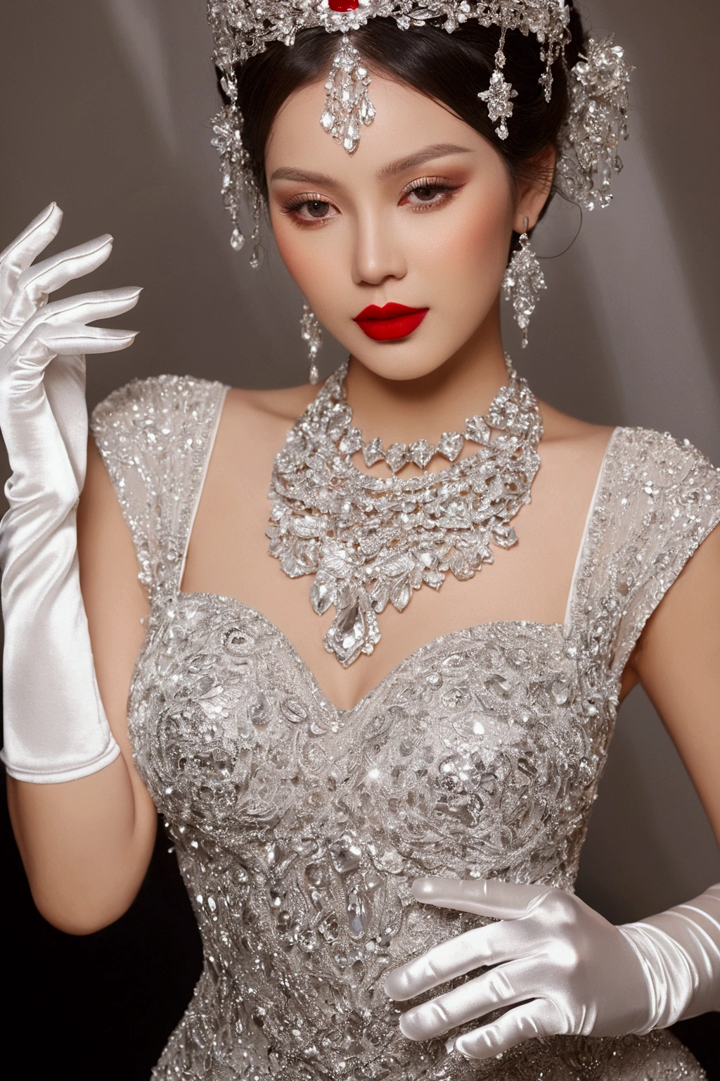 Beautiful wearing luxury very big beautiful shining gliter dress and gloves and necklace looking so beautiful and having white skin tone and red lipstick .