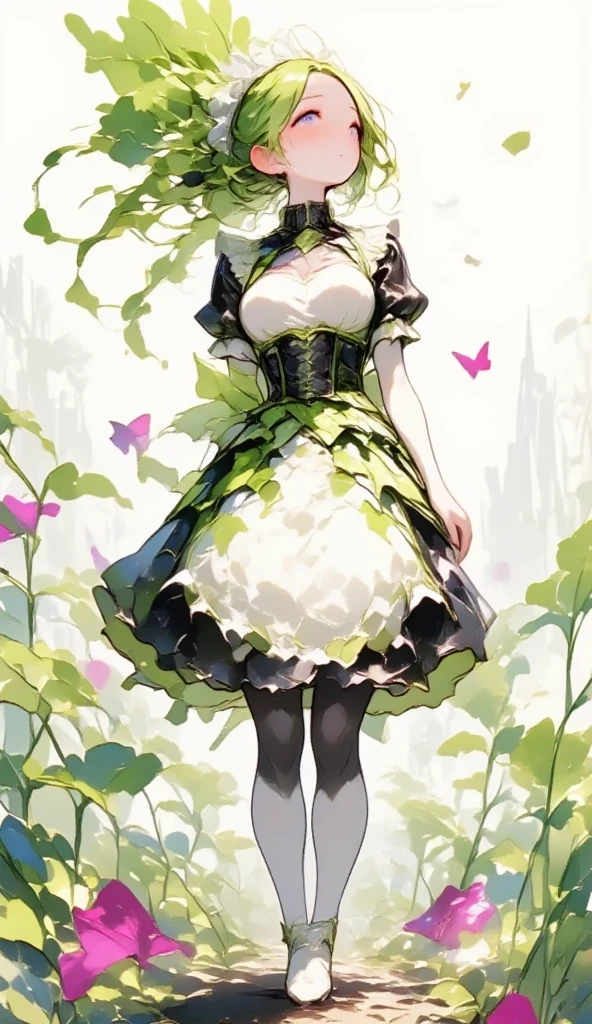  young beautiful woman in costume with white radish motif,( best quality, very detailed depiction , incredibly absurd high definition ),(Black and white gothic maid outfit,Maid Skirt, corset,latex, black tights,White boots),(green hair like radish leaves :2.0,Purple Eyes, half closed his eyes :2.0, grumpy expression:2.0,Black lips:2.0,Heavy makeup, big breasts, shiny skin), full body image :2.0, side view:2.0,profile:2.0,background:Castle, Bright Atmosphere , dramatic lighting ,