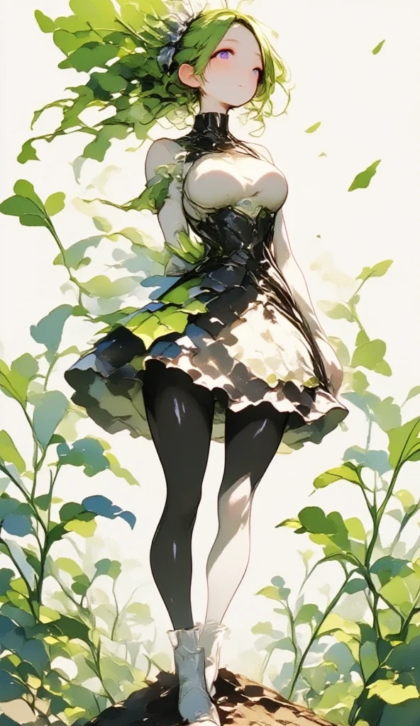  young beautiful woman in costume with white radish motif,( best quality, very detailed depiction , incredibly absurd high definition ),(Black and white gothic maid outfit,Maid Skirt, corset,latex, black tights,White boots),(green hair like radish leaves :2.0,Purple Eyes, half closed his eyes :2.0, grumpy expression:2.0,Black lips:2.0,Heavy makeup, big breasts, shiny skin), full body image :2.0, side view:2.0,profile:2.0,background:Castle, Bright Atmosphere , dramatic lighting ,