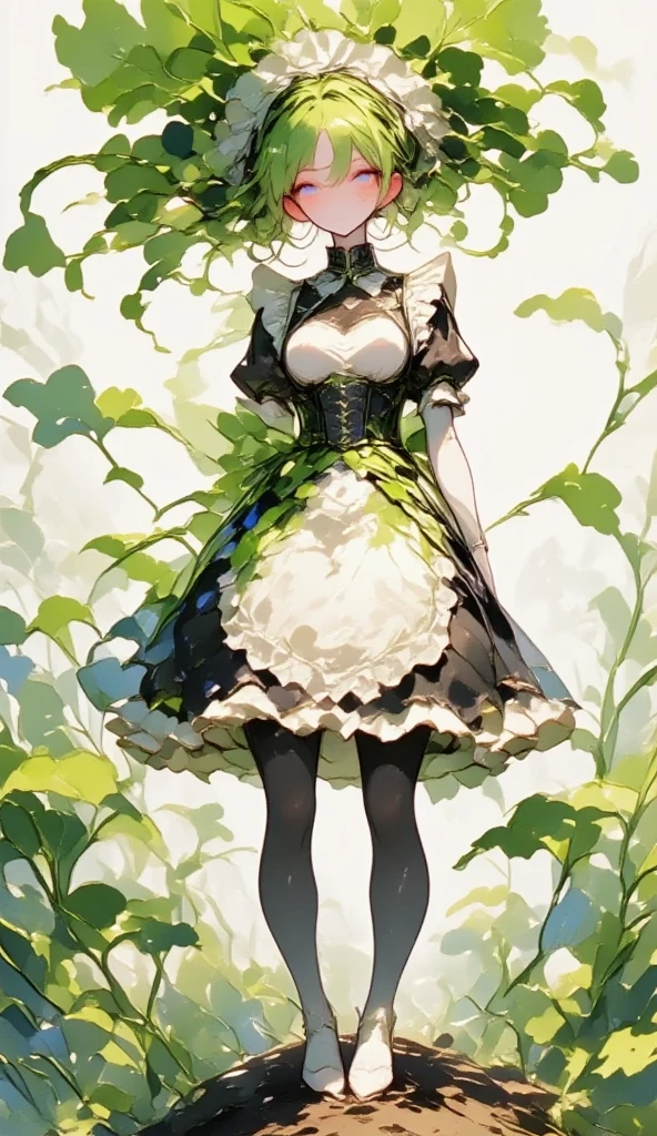  young beautiful woman in costume with white radish motif,( best quality, very detailed depiction , incredibly absurd high definition ),(Black and white gothic maid outfit,Maid Skirt, corset,latex, black tights,White boots),(green hair like radish leaves :2.0,Purple Eyes, half closed his eyes :2.0, grumpy expression:2.0,Black lips:2.0,Heavy makeup, big breasts, shiny skin), full body image :2.0, side view:2.0,profile:2.0,background:Castle, Bright Atmosphere , dramatic lighting ,