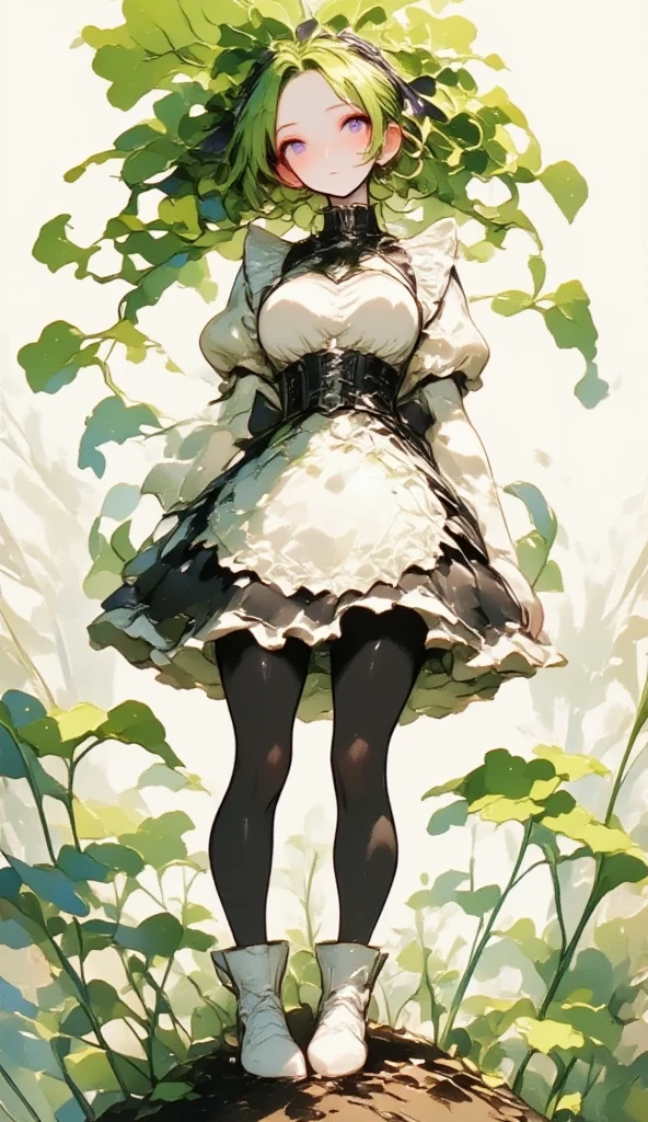  young beautiful woman in costume with white radish motif,( best quality, very detailed depiction , incredibly absurd high definition ),(Black and white gothic maid outfit,Maid Skirt, corset,latex, black tights,White boots),(green hair like radish leaves :2.0,Purple Eyes, half closed his eyes :2.0, grumpy expression:2.0,Black lips:2.0,Heavy makeup, big breasts, shiny skin), full body image :2.0, side view:2.0,profile:2.0,background:Castle, Bright Atmosphere , dramatic lighting ,