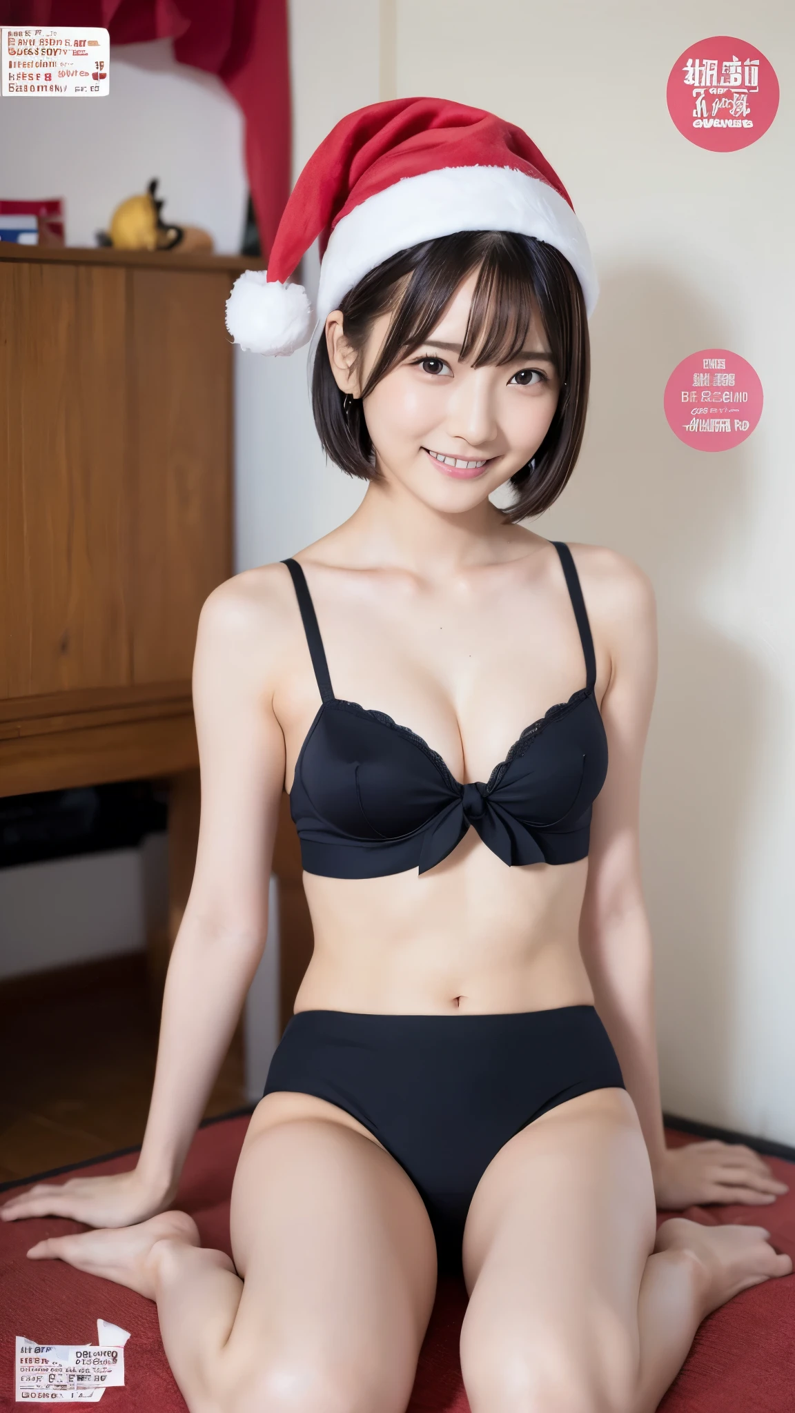 ((best quality), (high res 8K), on), Japanese girl, late teenage, (posing, hands on chest, on), (micro bikini swimwear, on), (from front, on), (pubic hair, on), (full body, on), (slender, medium breasts, on), (pigtails, on), smile