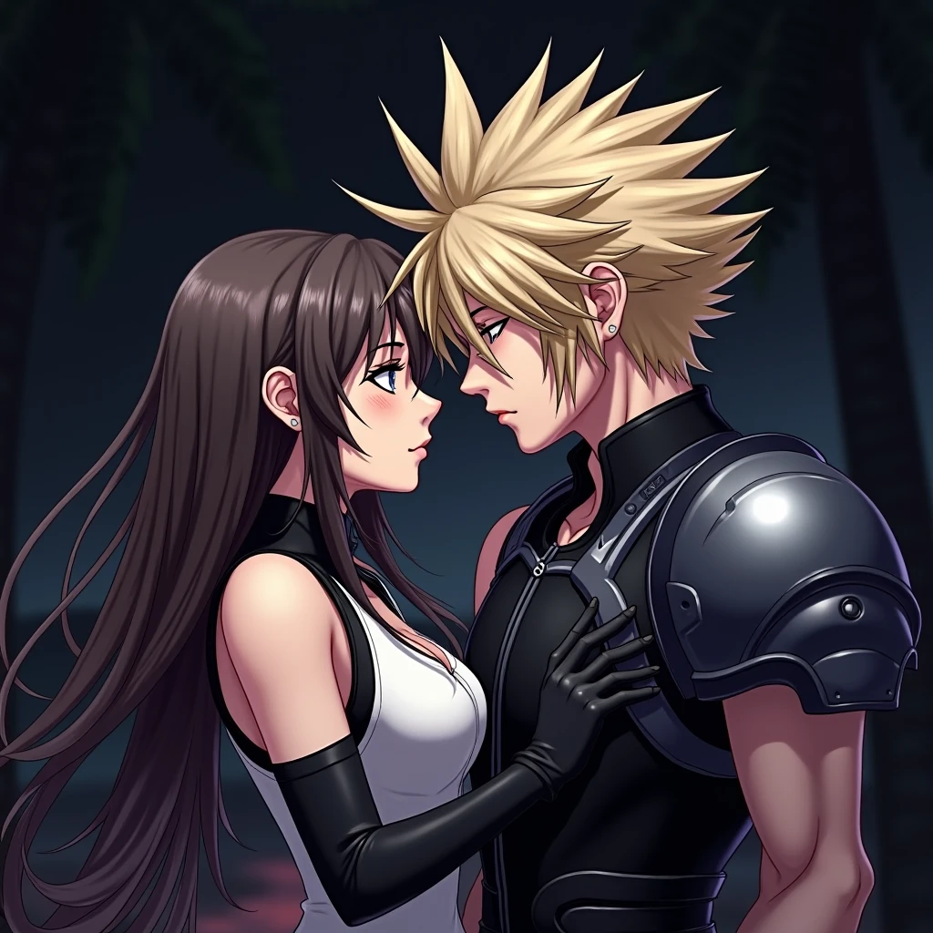 (man kissing woman), (kissingcheek), parted lips, from side, medium breasts, the woman is tifa (defTifa, white crop top, elbow pad, fingerless gloves, suspenders, pencil skirt, black socks, red boots) BREAK
the man is cloud strife (blone spiky hair wearing a black tuxedo with blue detail), (eyes closed), close up shot