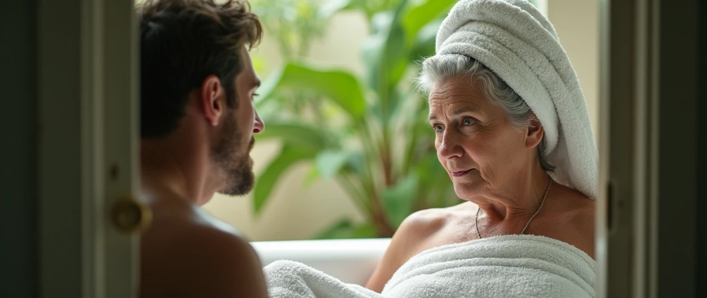Handsome man with a six-pack takes a shower with his grandmother.