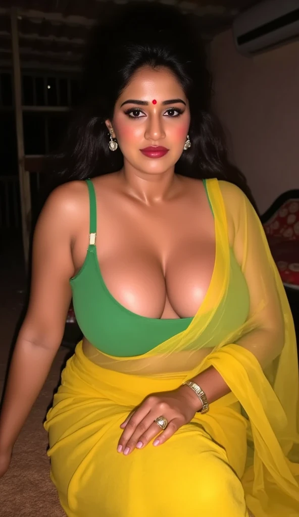 photo of Voluptuous Mature plus size Indian Bengali Aunty with dusky skin, wearing Transparent chiffon yellow saree and green strapless sleevless Blouse, showing her large U cut Cleavage, Red Sindoor on her forehead, Hair messed up, nice curves, sitting on a hut balcony , sensual, erotic, Dim light in the hut