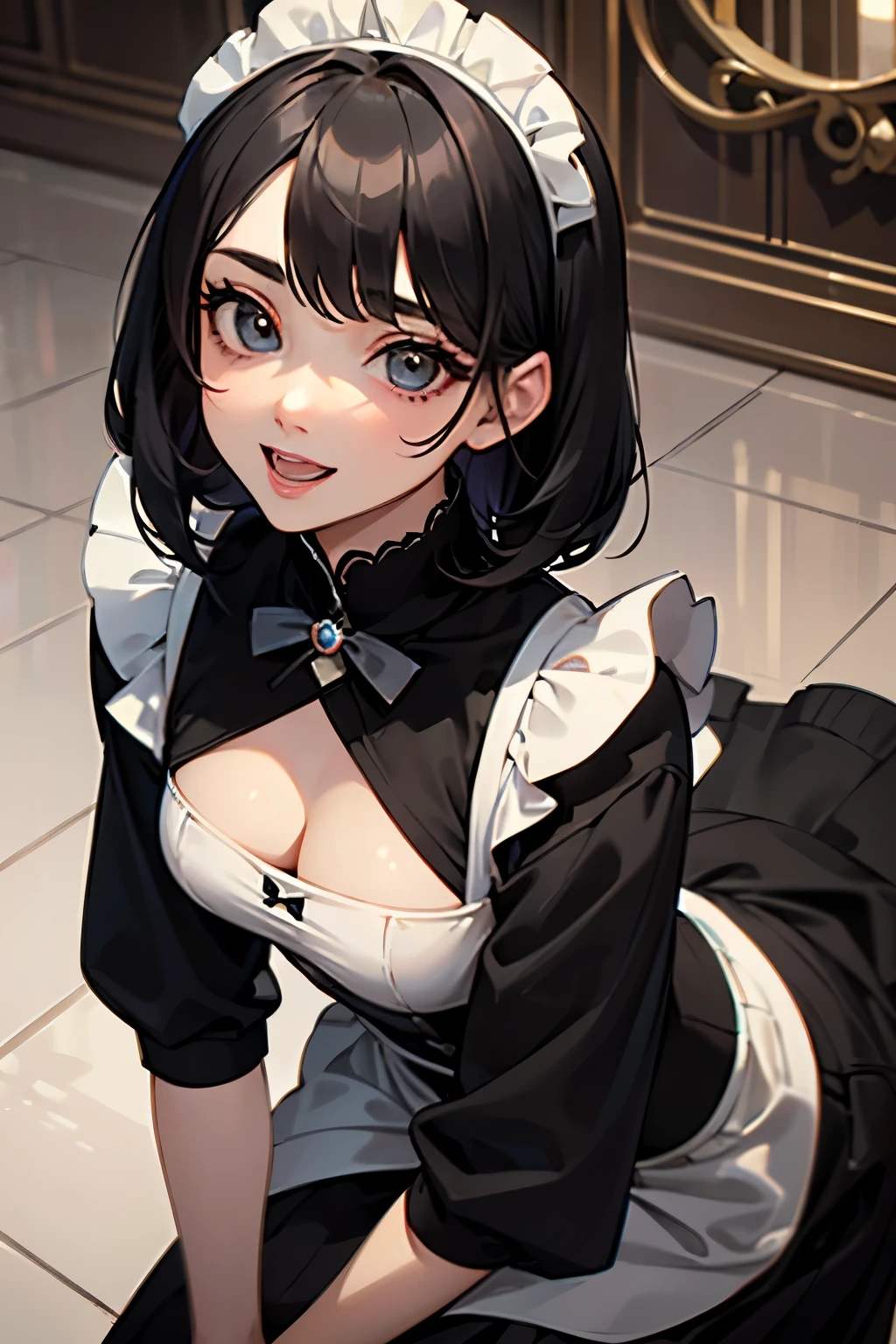 (best quality,4k,high resolution,masterpiece:1.2),detailed eyes,beautiful detailed lips,extremely detailed large eyes and face,long eyelashes, perfect anatomy, a maid with short black hair is gazing up to  her guest, Europian noble face, tightly fitted outfit,black long-sleeved maid costume,wearing long skirt, wearing white tights, upper body portrait above the knee,beautiful face with smile, open mouth to laugh, large sadistic eyes, upward gaze,open mouth with cruel feels, feels a confidence expression.