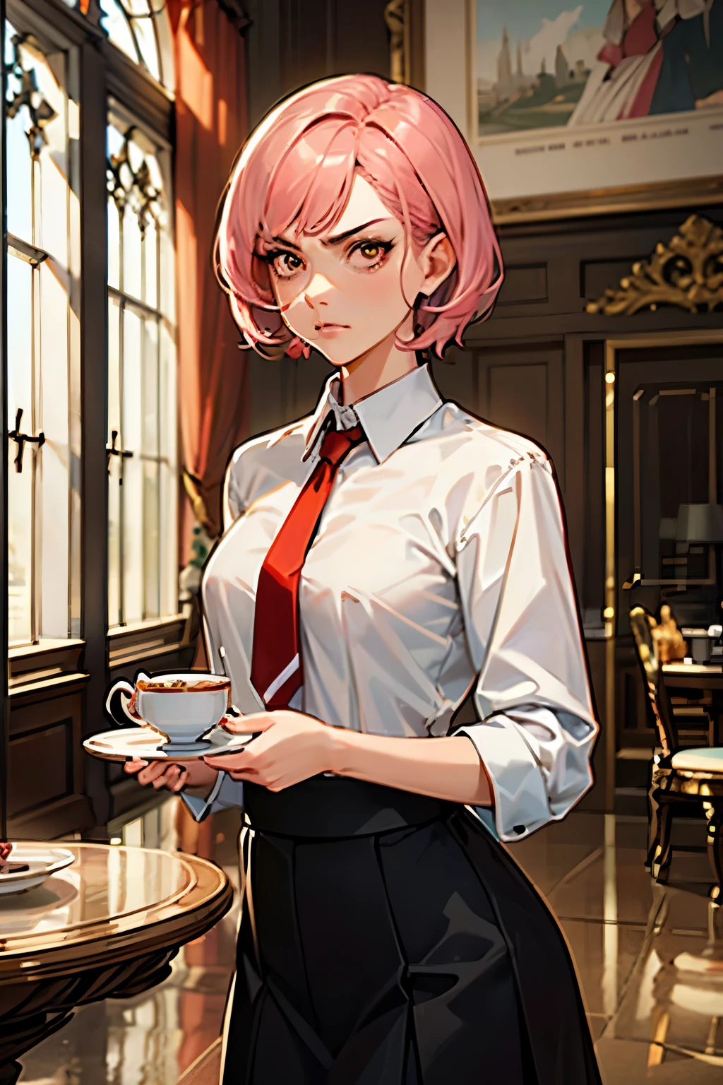 (highest quality:1.2), A girl with teacup is standing in a living room, There is a round table in front of her, and there is a afternoon tea set on the table. stern expression, angry face, a photorealistic cute girl, beautiful face, strict face, European face, noble face, large eyes, beautiful lip,closed mouth with anger, but feeling hunger, Short-cut pink hair, wearing white shirt, wearing red tie, wearing black skirt.