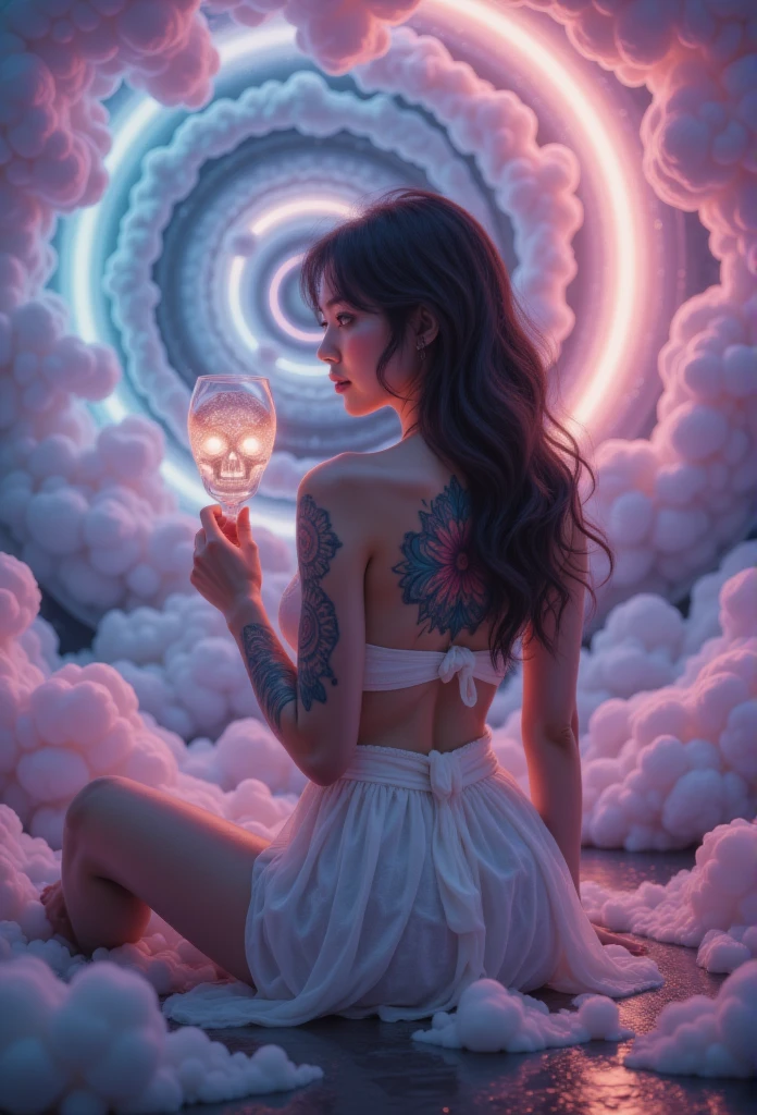  a lady ， twilight ，spread leg，Spiral Cloud，Back，( Hyper-Reality :1.4)，  Science Fiction ，Colored smoke，GGGJAAA   ,Costume styling ，   presents fluorescent skull glass   , A stunning 3D   Blurred foreground -style render of a beautiful woman with a mesmerizing mandala tattoo on her Back.     The mandala has a complex    ,    colorful patterns   ，    blends traditional and modern design    .   This woman has    ,    Flowing black hair   ，    wearing a sleeveless white top    ，    showing her toned shoulders    .     with a dark purple and blue blend    ,     Depth and dimension     ,    enhanced 3D effect    ., 3D Rendering,   Blurred foreground 
