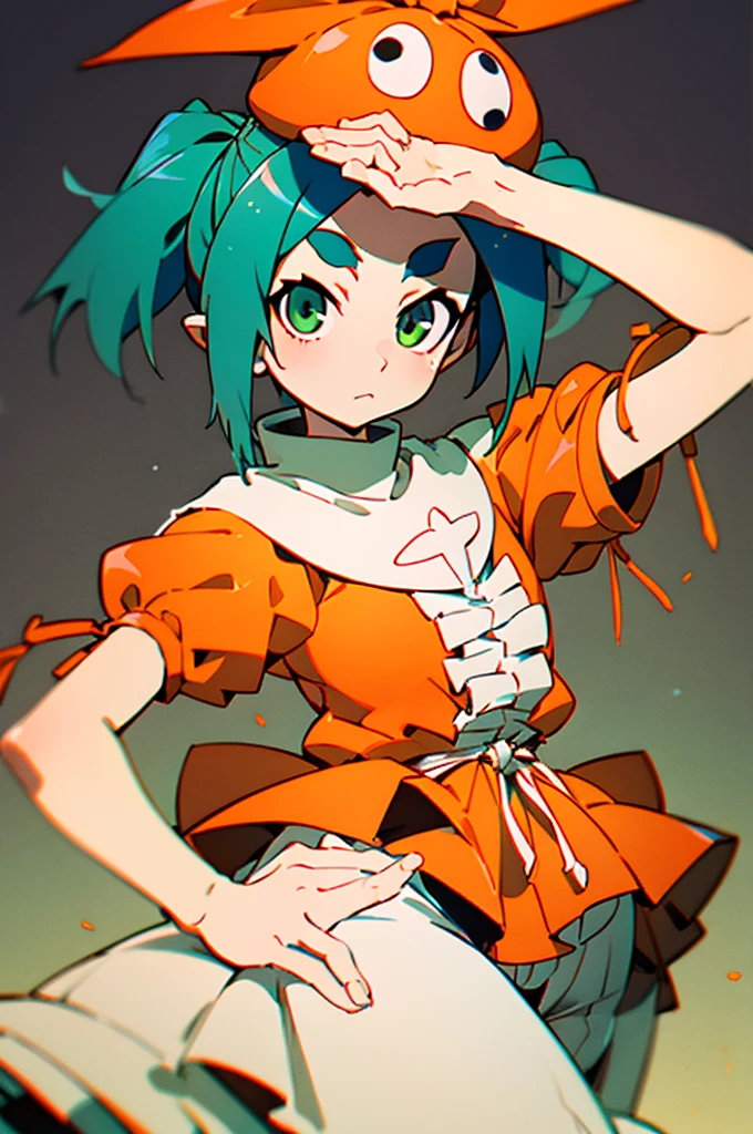 (( ononogi yotugi ))  Masterpiece 、 best quality、 high definition 、 detailed face 、((Anime、Anime塗り、Animeカラーリング、 RAW photo、Bakemonogatari、 official ))、、 pose、  1 girl, Alone,  watch viewers, ononokiyotsugi,  Aqua Hair,  shorthair, I wear an orange drawstring hat on my head, hat has large vertical eyes , Green Eyes,  twin tails,  thick eyebrows, Striped Pantyhose ,  blue and gray pantyhose,  dress, orange  dress,  white turtleneck color ,  white frill,  have ,  puff sleeve , Short sleeve,Alone,  close,  closed mouth 、drawstring hat 