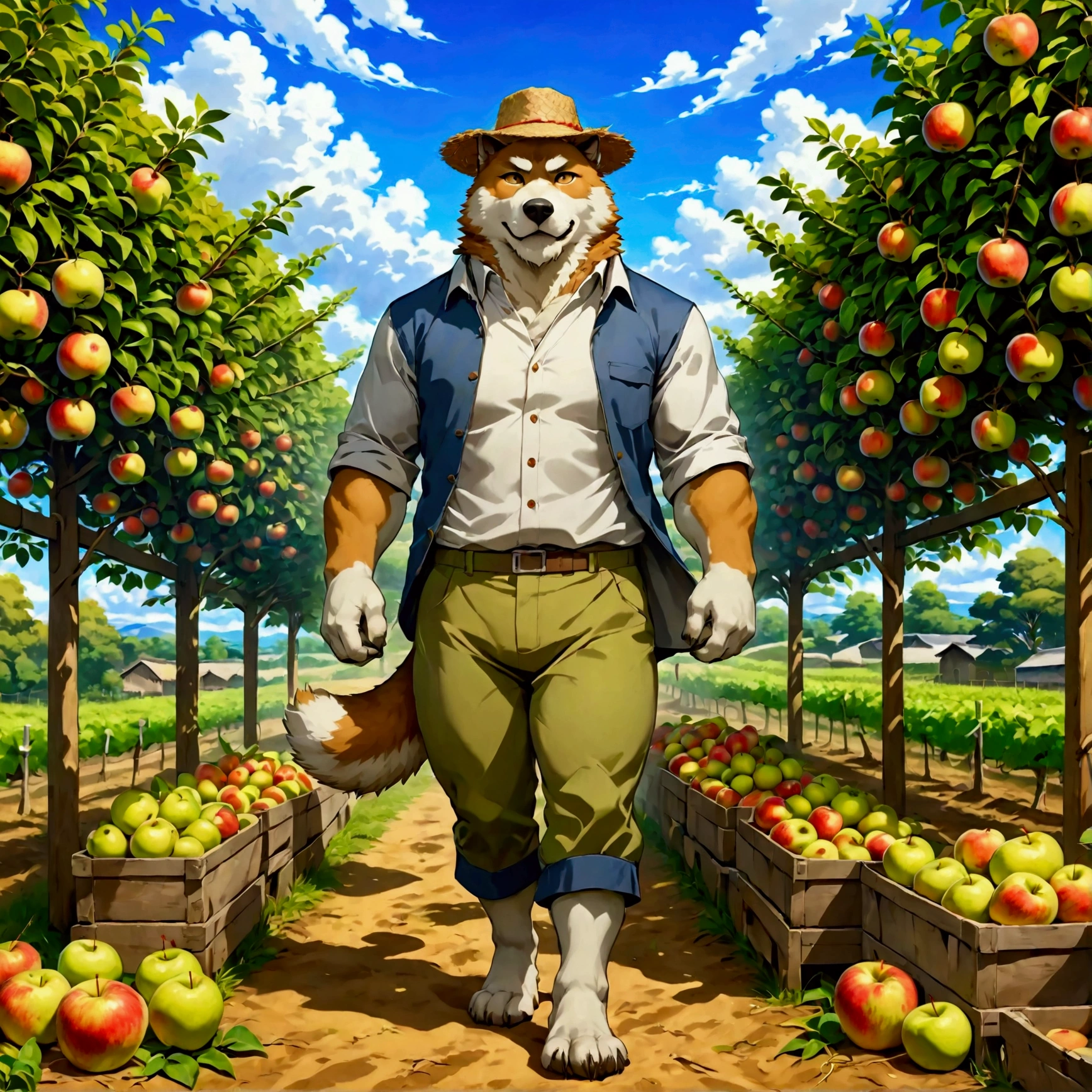 character focus, full body, looking away, dynamic angle, farmer, a middle-aged akita inu man, full body in Michelangelo Buonarroti style, housamo style, digital illustration anime, niji6, BREAK happy, little smile, working were clothes, straw hat, shirt, pants, sweet apple, harvesting fruits, dynamic pose, detailed painting landscape, morning, a grove of trees wordnet, tall sweet apple trees, outdoor, full color, HDR, BREAK complete anatomy, perfect proportions, beautiful thigh gap, fluffy body, intricate fur details, beautiful fur texture, BREAK (a detailed akita inu 1tail), detailed toe, 5toes, 5toes nails, beautiful foot, detailed hands, 5fingers, 5fingers nails, BREAK anime face, insanity detailed face, male face, big face, square jawline, anime intense eyes, detailed brown eyes, detailed brown cornea, detailed dark brown irises, detailed pupils, male eyes, male eyebrows, beautiful beard, BREAK masterpiece, official art, best quality, very aesthetic, absurdres, super fine illustration, great quality, BREAK noise reduction, very highres, large filesize, high quality, 32K, 8k wallpaper, dynamic lighting, BREAK insanity detailed, ultra detailed, intricate details, extremely detailed, detailed texture, an extremely delicate and beautiful, BREAK e621 illustration, osukemo, kemohomo, anthropomorphic, furry, harmonious body, pastoral face, virtuous eyes, harvesting atmosphere