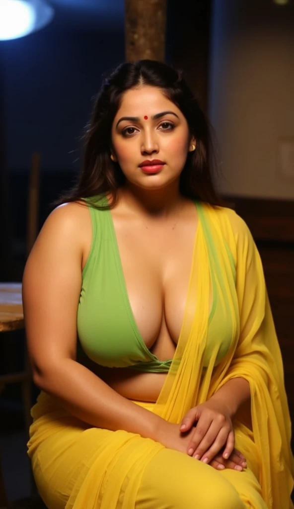 photo of Voluptuous Mature plus size Indian Bengali Aunty with dusky skin, wearing Transparent chiffon yellow saree and green strapless sleevless Blouse, showing her large U cut Cleavage, Red Sindoor on her forehead, Hair messed up, nice curves, sitting on a hut balcony , sensual, erotic, Dim light in the hut