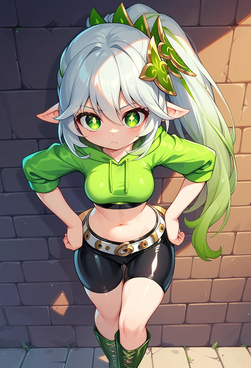 Cute adult girl, perfect hips, perfect breasts, tight latex bike shorts, crop top hoodie, fisnets, garther belt, thick leather boots, hands on hips, strong pride, serious, nahida, very long white and green hair, stuck, _inwallhuman, stuck, wall, view from behind 