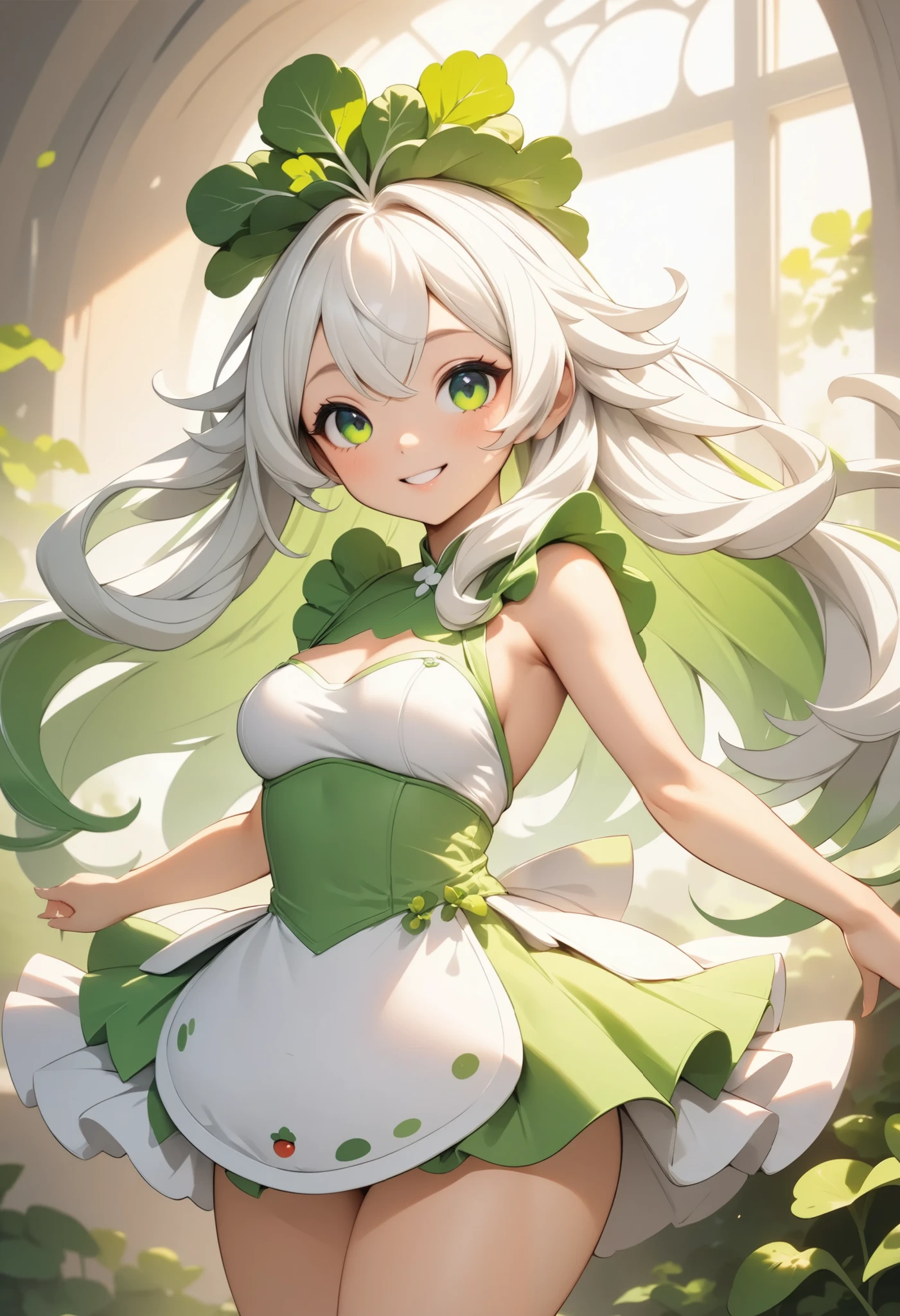 radish humanized,radish girl,cute radish concept costume,cute smile,sexy pose,(best quality,4k,8k,highres,masterpiece:1.2),ultra-detailed,(animestyle, Green and white dress:1.4, Long silver hair),1girl,extremely detailed eyes and face,longeyelashes,natural lighting,vibrant colors,fantasy,digital painting,concept art,soft lighting,warm color palette,dynamic pose,flowing hair