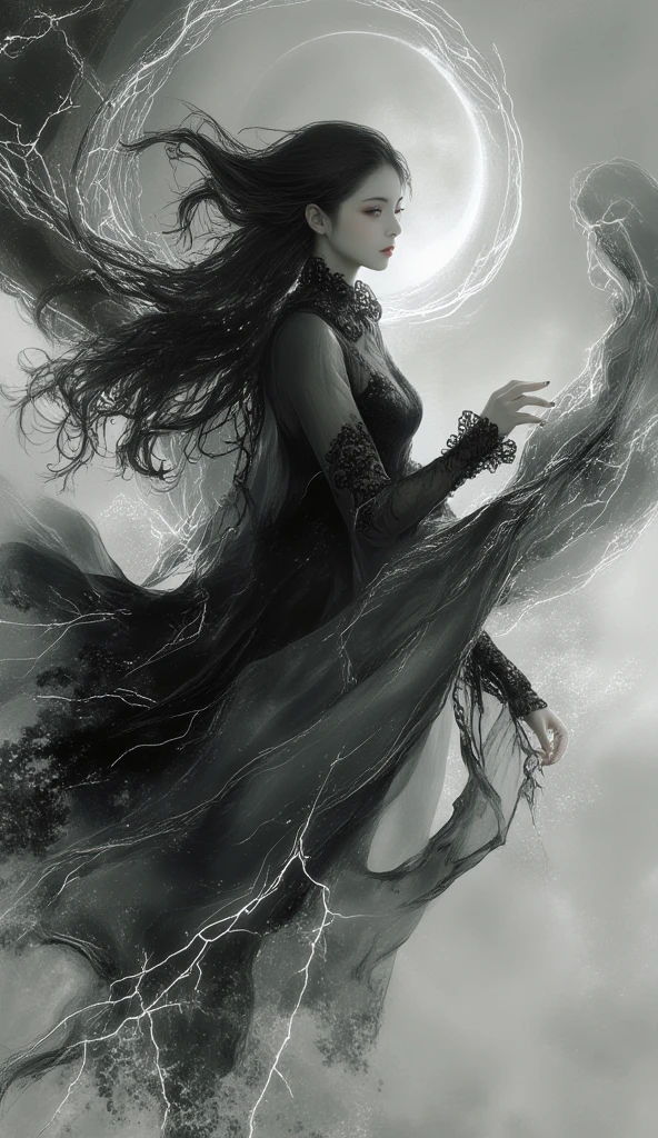 a magical fine art portrait of an East Asian woman in the style of Stefan Gesell, reimagined in traditional Shuimo (Chinese ink wash) painting style. She is enveloped in mystery, surrounded by an ethereal backdrop, her facial features accentuated with high contrast. Draped in cloth that twists into abstract and fantasy forms, one hand reaching out as if hitting a pause on reality. Black ink strokes blend seamlessly with soft gradients, mimicking the fluid and dynamic texture of Shuimo. Her long, elegant hair flows wildly in the wind, as lightning and mist intertwine in the composition. Her costume is intricately detailed, embodying gothic elements while retaining the expressive elegance of Shuimo art. The overall atmosphere is a poetic fusion of magic and reality, painting and photograph, brought to life with the dynamic style of Shuimo.