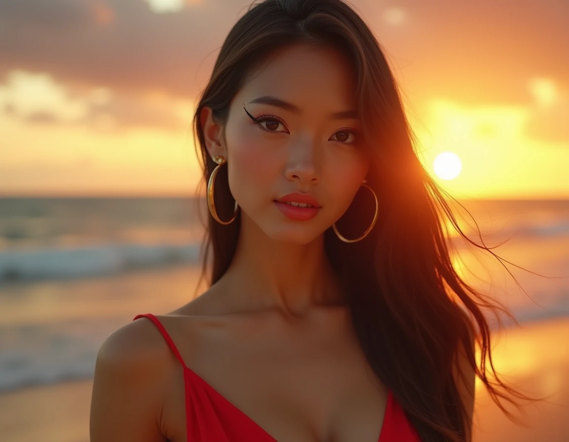 Create an image of an alone confident 2 Filipina woman with an hourglass body shape, slightly curvy, standing at 5'4". She has fair skin, long and thick hair, and a small heart-shaped face with subtle cheekbones and a rounded chin. Her nose is delicate, pointy, and . She is sitting on a chair at a table on a sandy beach, lost in thought with a joyful and contemplative expression. Her windswept hair frames her delicate features beautifully. She is wearing a stylish red bikini with a flowing, transparent dress draped elegantly around her. Her hands are resting on the table or gently touching her chin, reflecting her deep thinking. The background features the soft, warm light of the afternoon sun reflecting off calm ocean waves, capturing the serene beauty of the beach at this time of day.