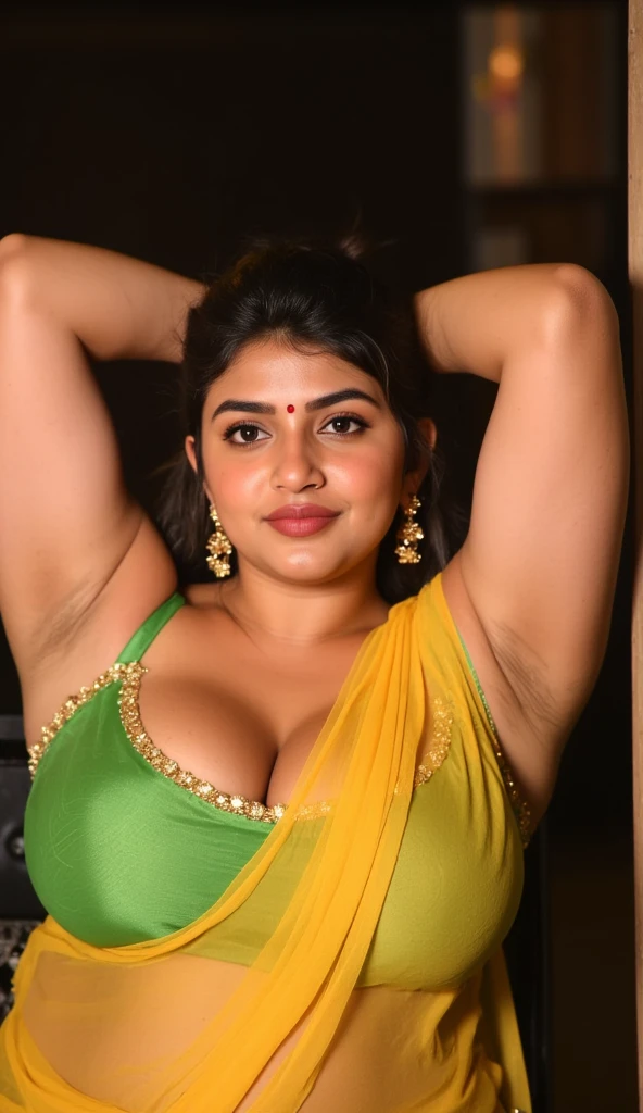 photo of Voluptuous Mature plus size Indian Bengali Aunty with dusky skin, wearing Transparent chiffon yellow saree and green strapless sleevless Blouse, showing her large U cut Cleavage, Red Sindoor on her forehead, Both hands streched up above head showing dark hairy armpits,Hair messed up, nice curves, sitting on a hut balcony , sensual, erotic, Dim light in the hut