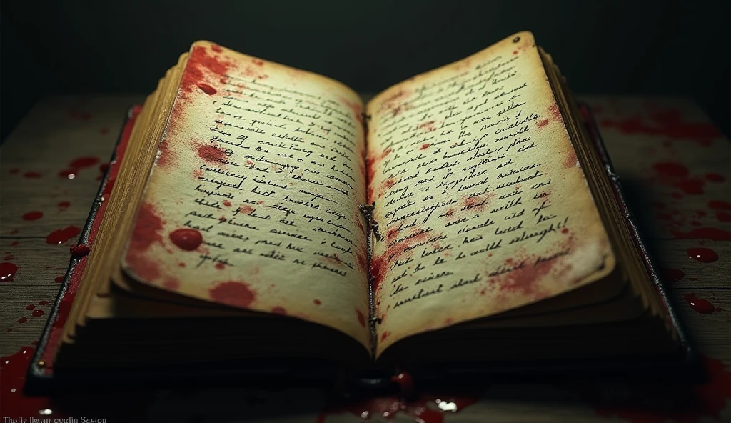 A notebook (diary) with torn and blood-stained pages. DARK picture.