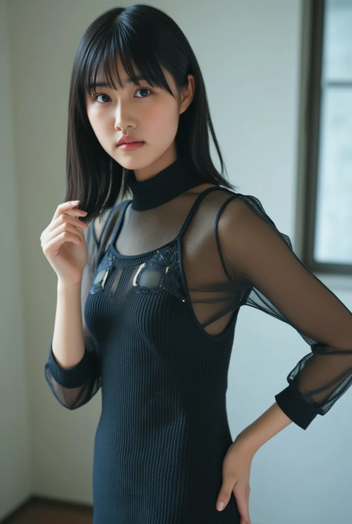 8k, RAW Photo, Best Quality, Masterpiece:1.2),(Realistic, photo-realistic:1.37), Super Detail, Wearing black pantyhose,She is wearing tight thin fitting transparent black long sleeve turtleneck, no skirts, transparent, cinematic lighting, sexy pose, monotone background, facing front, portrait, dressed up to the belly button, dressed up to the neck,short hair style, black pantyhose

