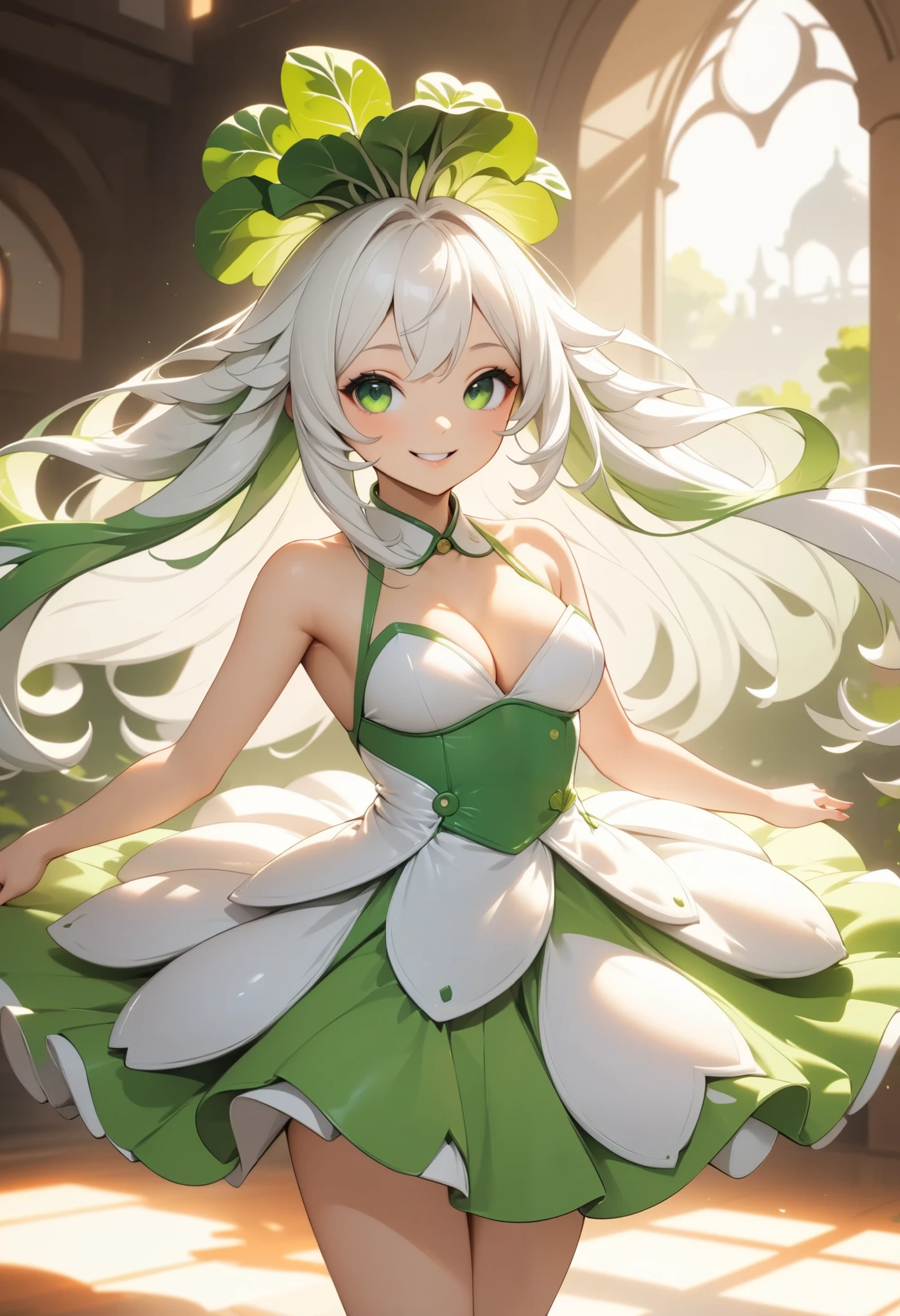 radish humanized,radish girl,cute radish concept costume,cute smile,sexy pose,(best quality,4k,8k,highres,masterpiece:1.2),ultra-detailed,(animestyle, Green and white dress:1.4, Long silver hair),1girl,extremely detailed eyes and face,longeyelashes,natural lighting,vibrant colors,fantasy,digital painting,concept art,soft lighting,warm color palette,dynamic pose,flowing hair