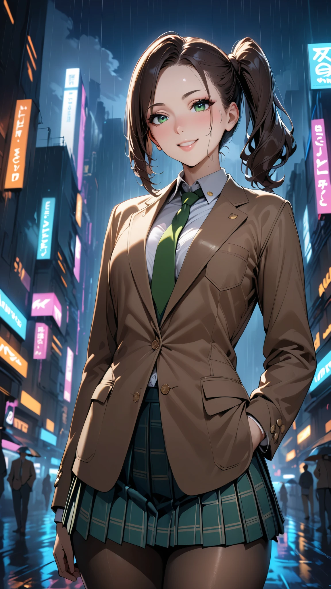 masterpiece, best quality, very aesthetic, semi-realistic anime, Sharp Focus, high contrast, 1girl, detailed green eyes, half opened mouth, smile, dark brown silky hair, (hair pulled back), side ponytail, contrapposto, Captivating thighs, uniform, brown blazers, (hads in pocket, unbutton), Green tie, Plaid Pleated Skirt, black tights, rainy cyber city, at night