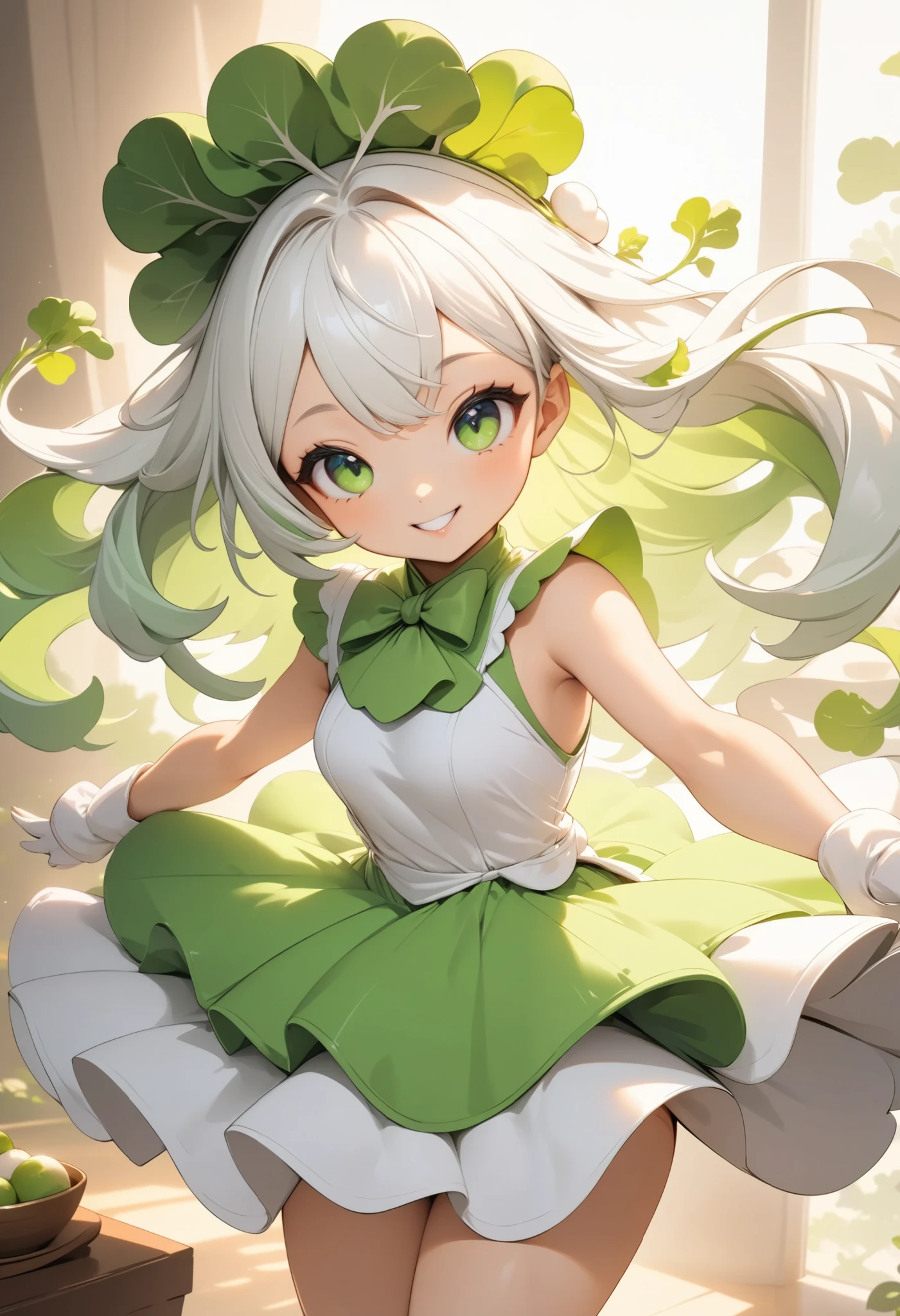 radish humanized,radish girl,cute radish concept costume,cute smile,sexy pose,(best quality,4k,8k,highres,masterpiece:1.2),ultra-detailed,(animestyle, Green and white dress:1.4, Long silver hair),1girl,extremely detailed eyes and face,longeyelashes,natural lighting,vibrant colors,fantasy,digital painting,concept art,soft lighting,warm color palette,dynamic pose,flowing hair