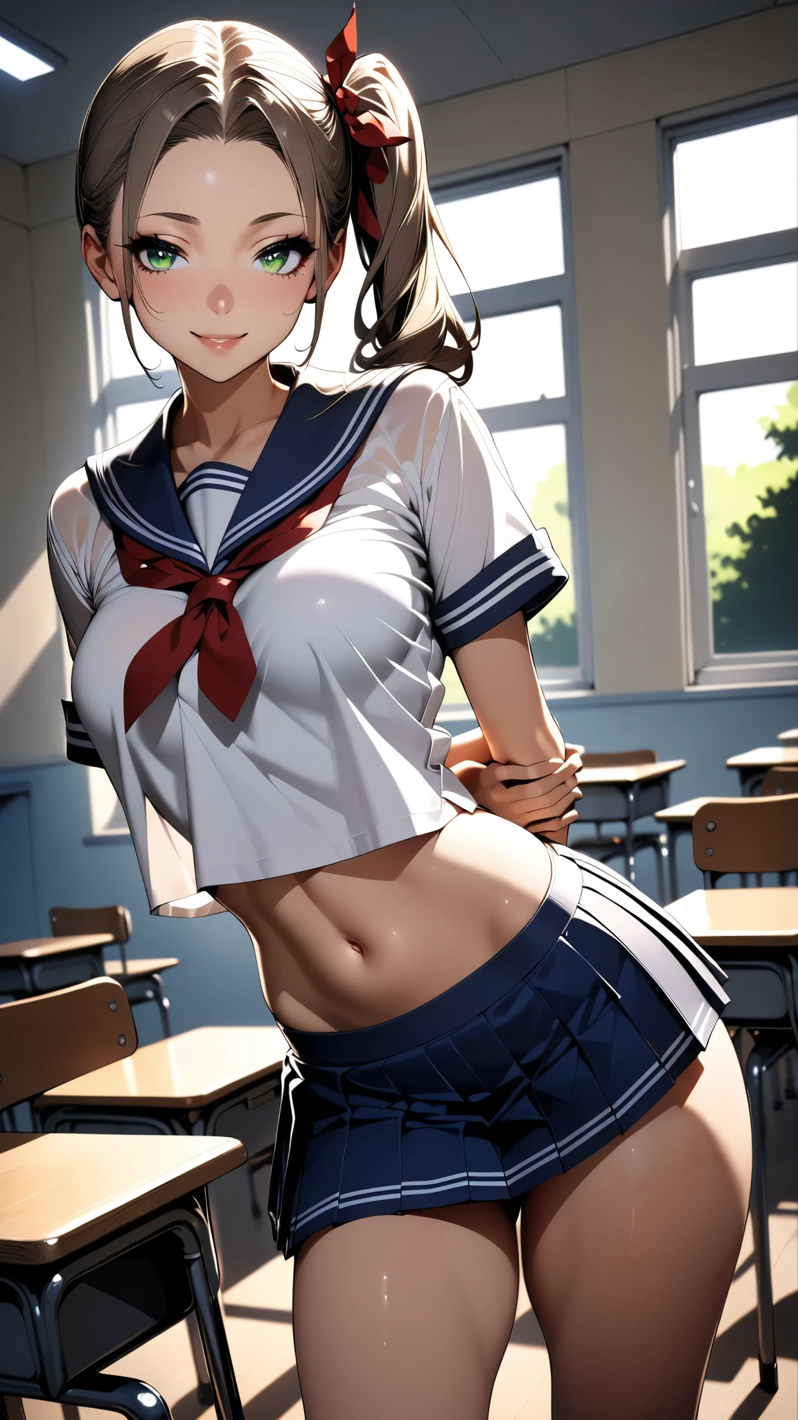 masterpiece, best quality, very aesthetic, semi-realistic anime, Sharp Focus, high contrast, 1lady, JK, detailed green eyes, half opened mouth, smile, dark brown silky hair, (hair pulled back), side ponytail, contrapposto, hands behind back, navel, Captivating thighs, knee, classroom, (sheer crop top white shirt), sailor suit, pleated skirt, red ribbon tie