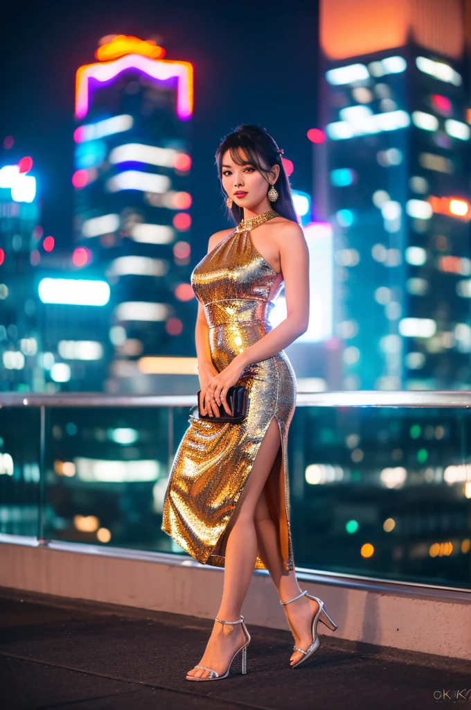 ((best quality)), ((Masterpiece)), (details),(Image size:1.1), photorealistic,Sharp picture,Yaowarat Road in Thailand,Bangkok,street shop,Gold shop sign in Yaowarat,shop sign,There is a night light.,Night atmosphere,open road,Road in Yaowarat,Tuk tuk parked on the side of the road