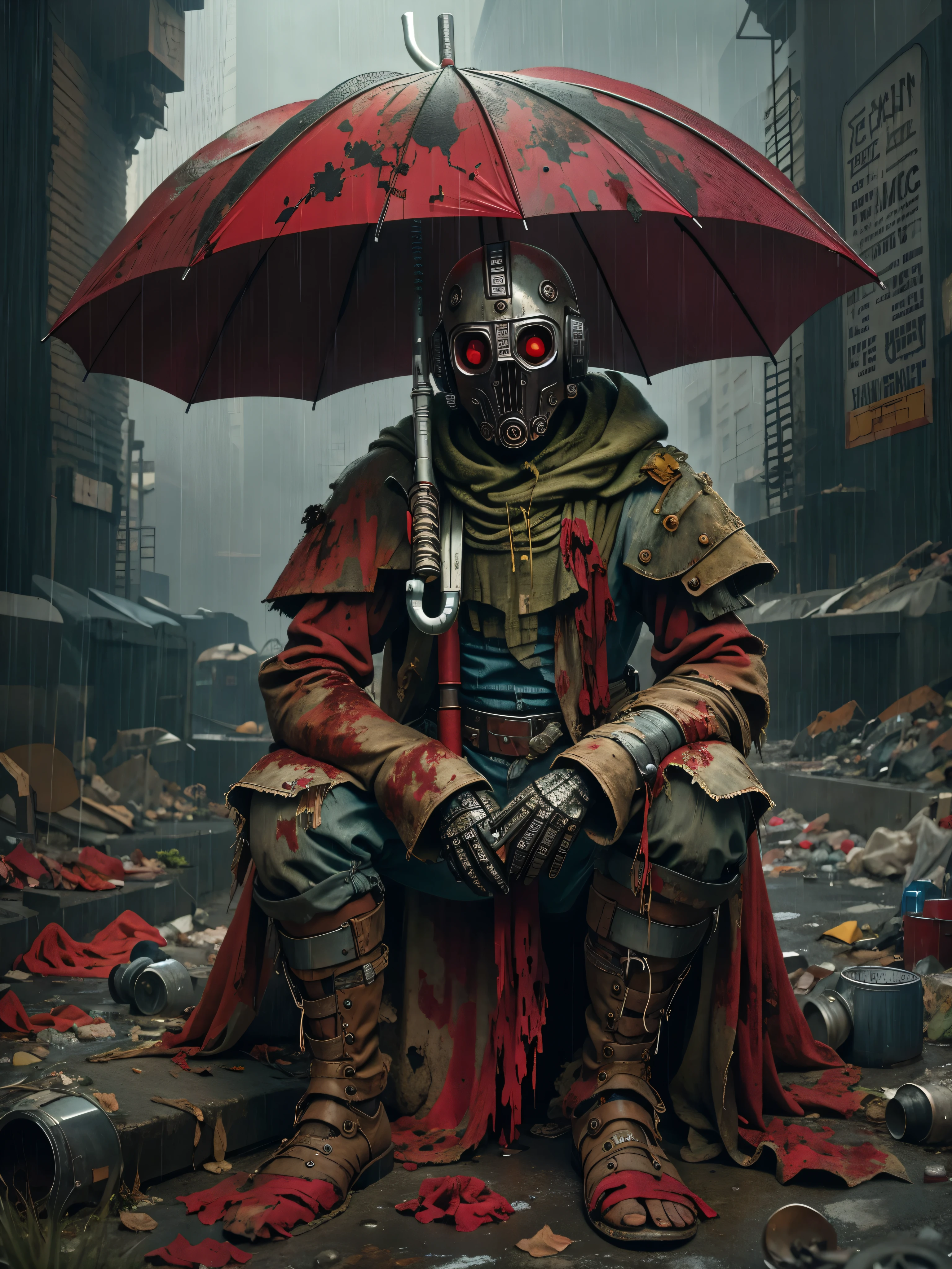 wasteland,A poor old robot sat on a rock, (umbrella:1.3),(Holding an Umbrella with your hand:1.3),(sit:1.2),rust,Wearing tattered red armor,The skyline in the distance,Gothic,moss,A small white flower,cemetery,Gothic church,Blood red moon,Gothic elements,In the heavy rain,cold,gloomy