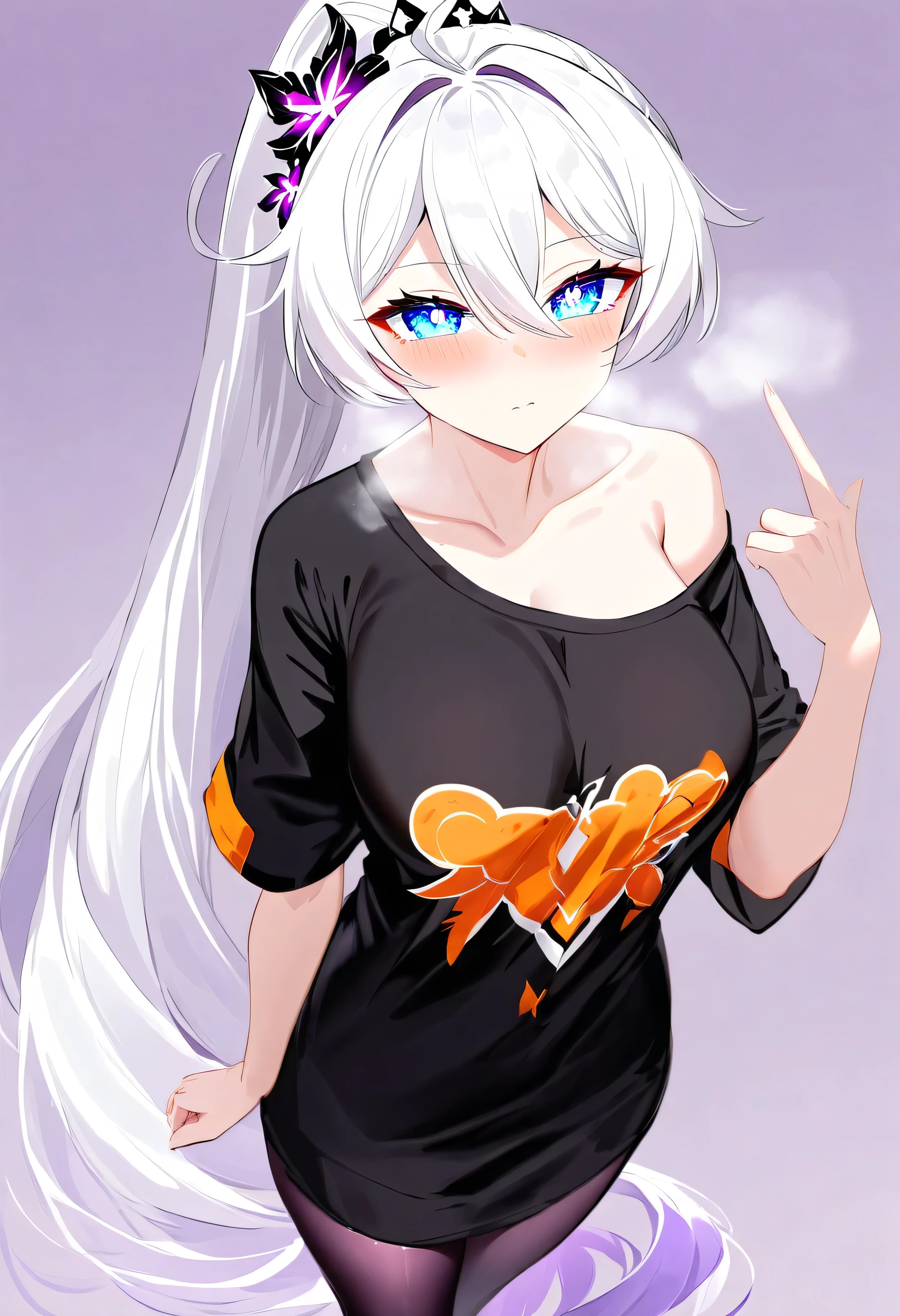 score_9, score_8_up, score_7_up, masterpiece, best quality, absurdres, vibrant, highly detailed, 1girl, adult grown woman, kiana kaslana \(honkai impact 3rd\), herrscher of finality, white hair, ahoge, ponytail, very long hair, blue eyes, symbol-shaped pupils, blush, closed mouth, heavy breathing, black shirt, oversized shirt, shirt, off shoulder, pantyhose, selfie