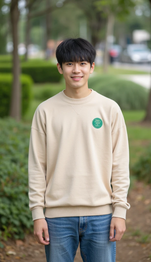 The image is a portrait of a young korean handsome man standing in a park. He is wearing a beige sweater with a green logo on the left chest and blue jeans. He has short black hair and is smiling at the camera. Behind him, there are trees and bushes, and a road can be seen in the background. On the right side of the image, High Resolution, Best Quality, HD, High Details, High Quality, Quality, Retina, Super Detailed, Textured Skin, UHD, 