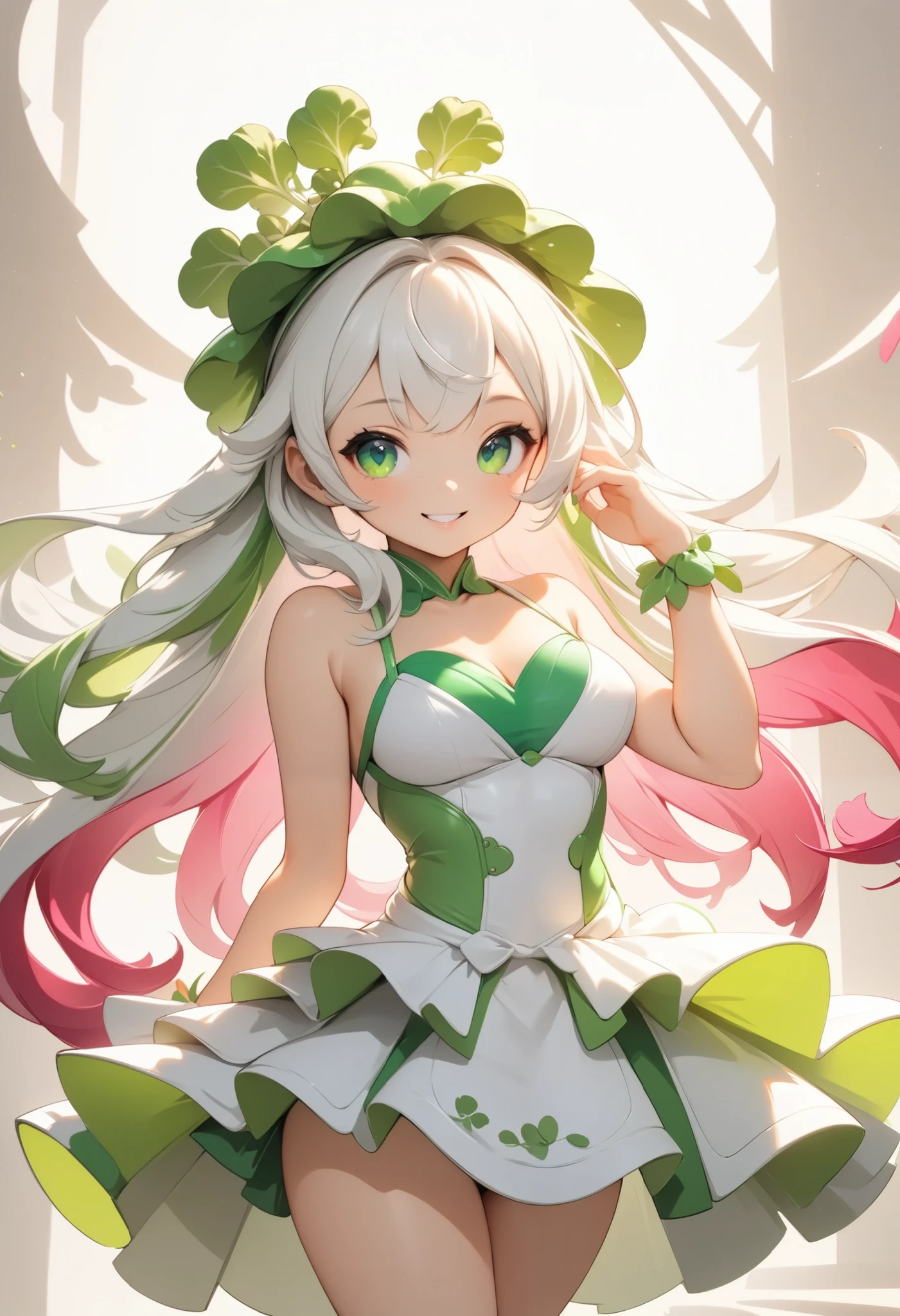 radish humanized,radish girl,cute radish concept costume,cute smile,sexy pose,(best quality,4k,8k,highres,masterpiece:1.2),ultra-detailed,(animestyle, Green and white dress:1.4, Long silver hair),1girl,extremely detailed eyes and face,longeyelashes,natural lighting,vibrant colors,fantasy,digital painting,concept art,soft lighting,warm color palette,dynamic pose,flowing hair